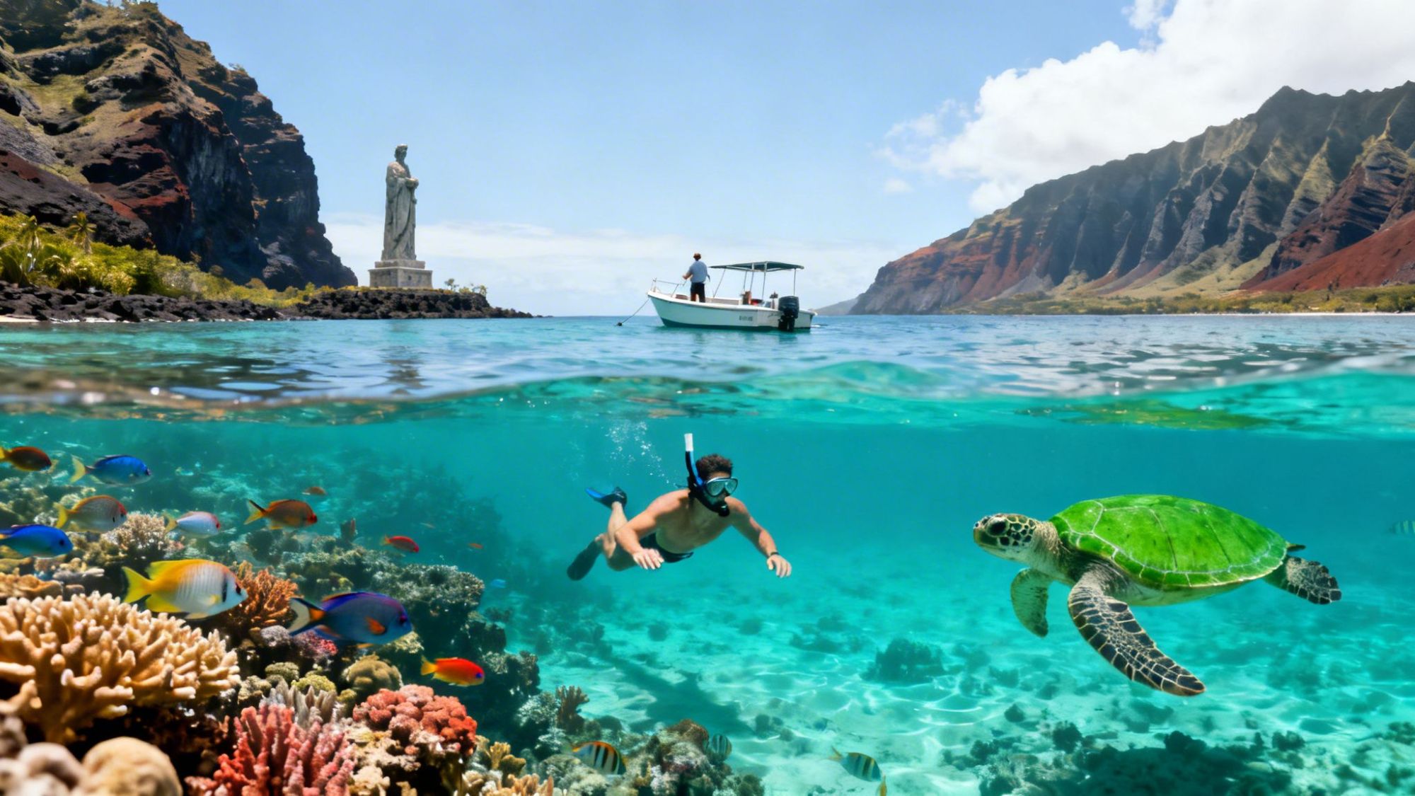 Snorkeler and sea turtle underwater near coral reef, with mountains and statue in background above water.