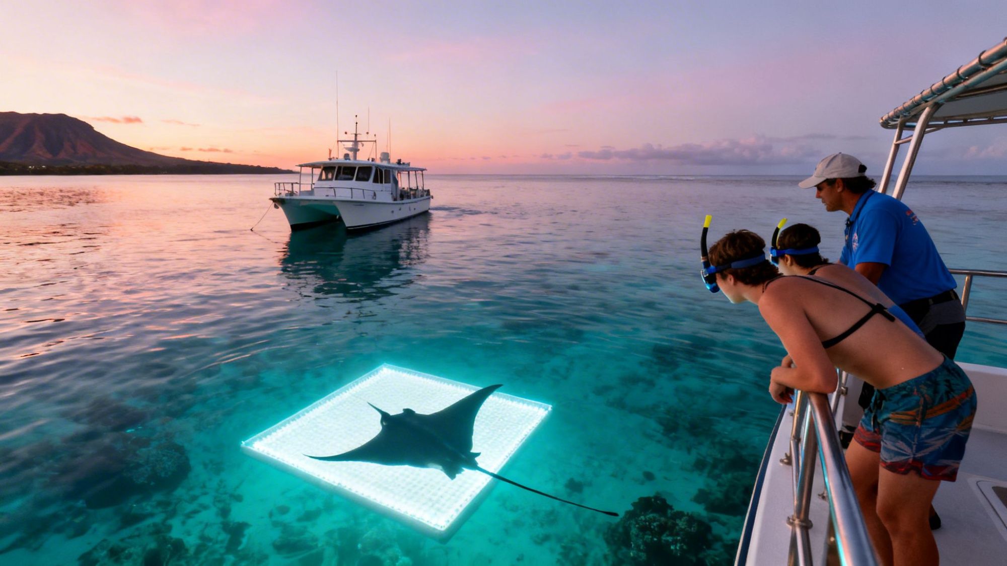 People on boat observe a manta ray over an illuminated grid in clear ocean water at sunset near a yacht.