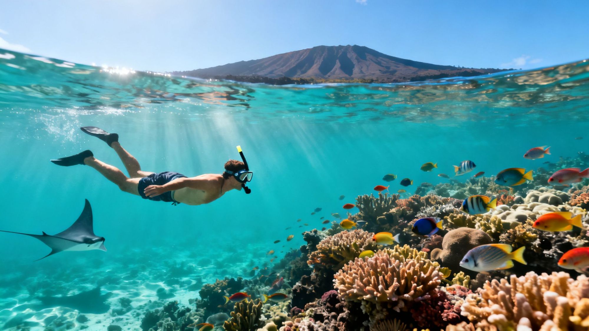 Person snorkeling in clear water over coral reef with colorful fish and a manta ray, mountain in background.
