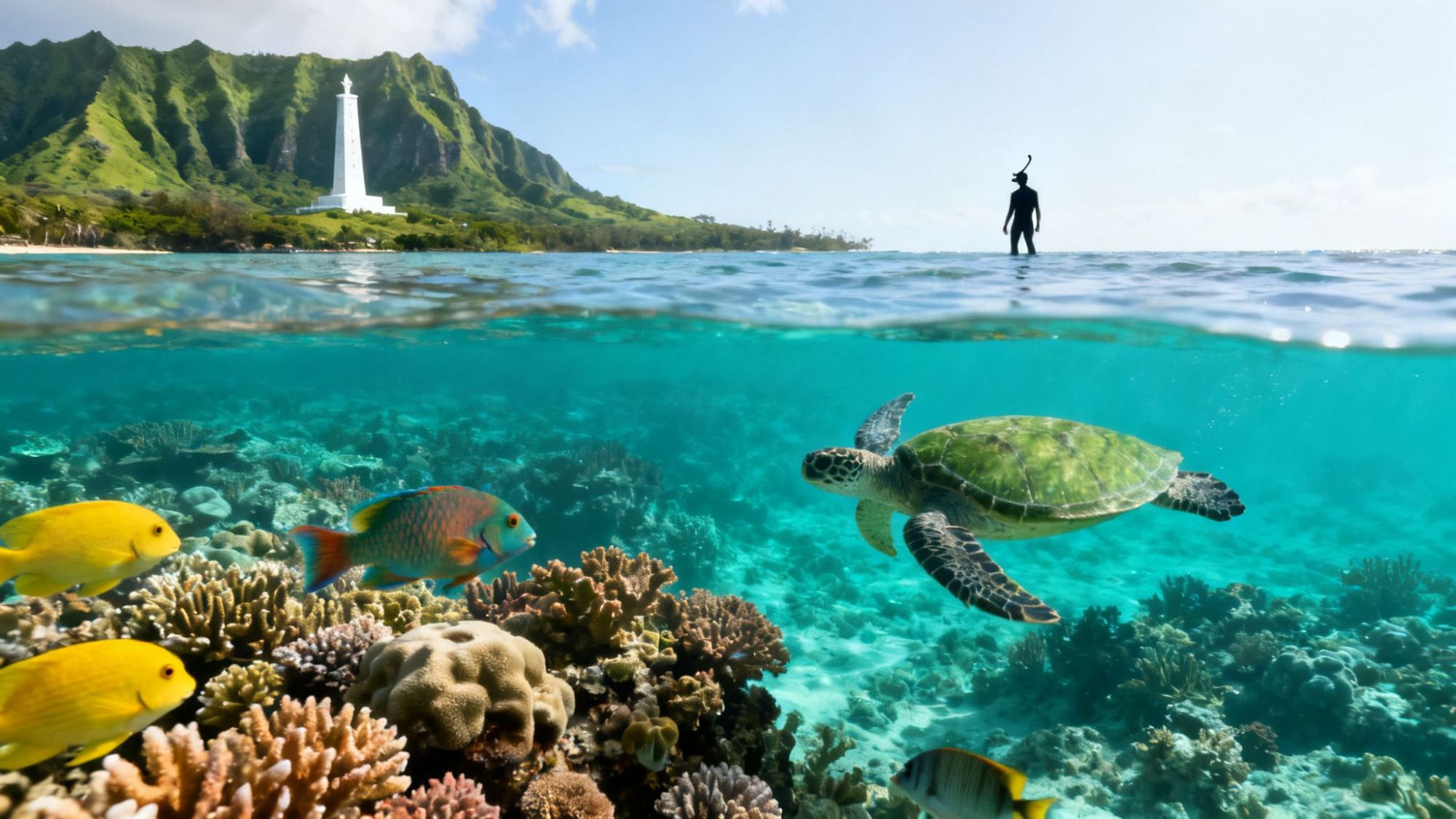 Underwater scene with turtle, colorful fish, coral, mountain, lighthouse, and snorkeler in background.