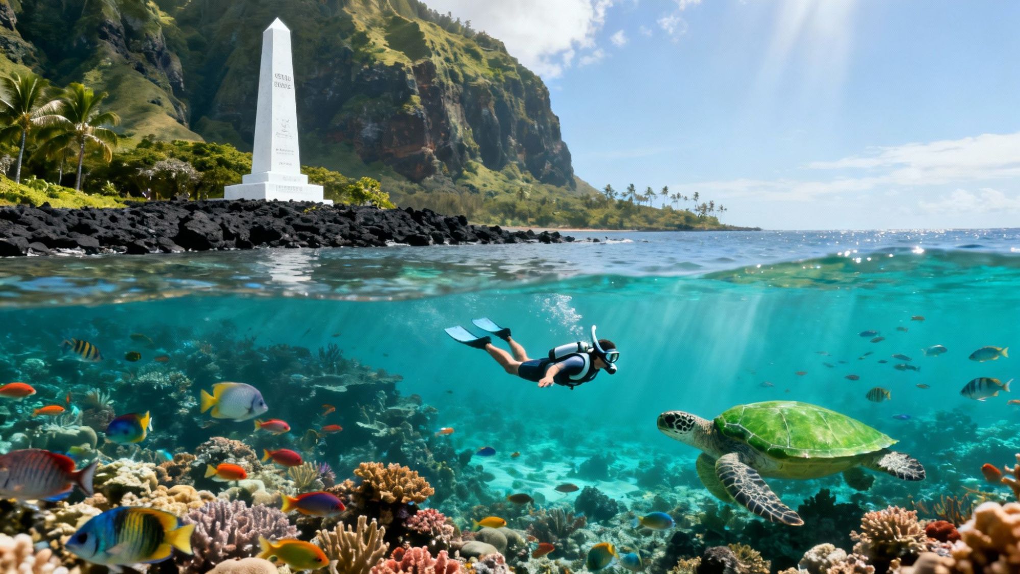 Diver swims near turtle and coral reef with monument and island in the background.