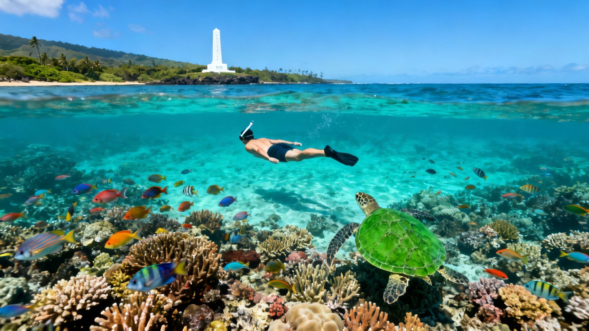 Snorkeler swims above colorful coral reef with fish and a turtle in clear ocean, monument visible on shore.