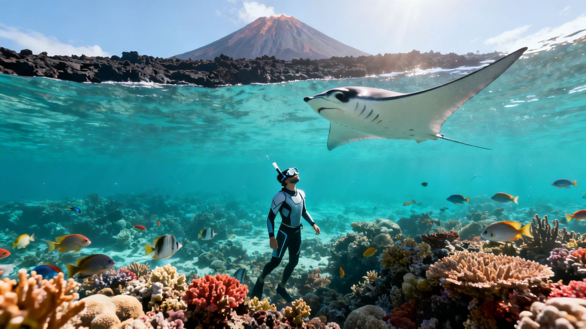 Snorkeler and manta ray over coral reef with volcanic island in background.