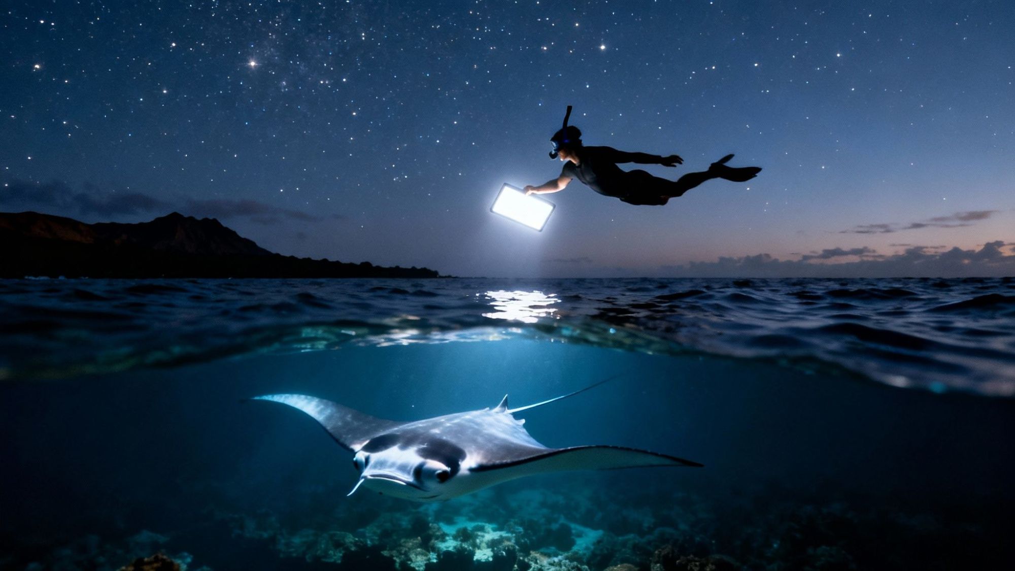 Diver with light above ocean water and manta ray below under starry night sky.