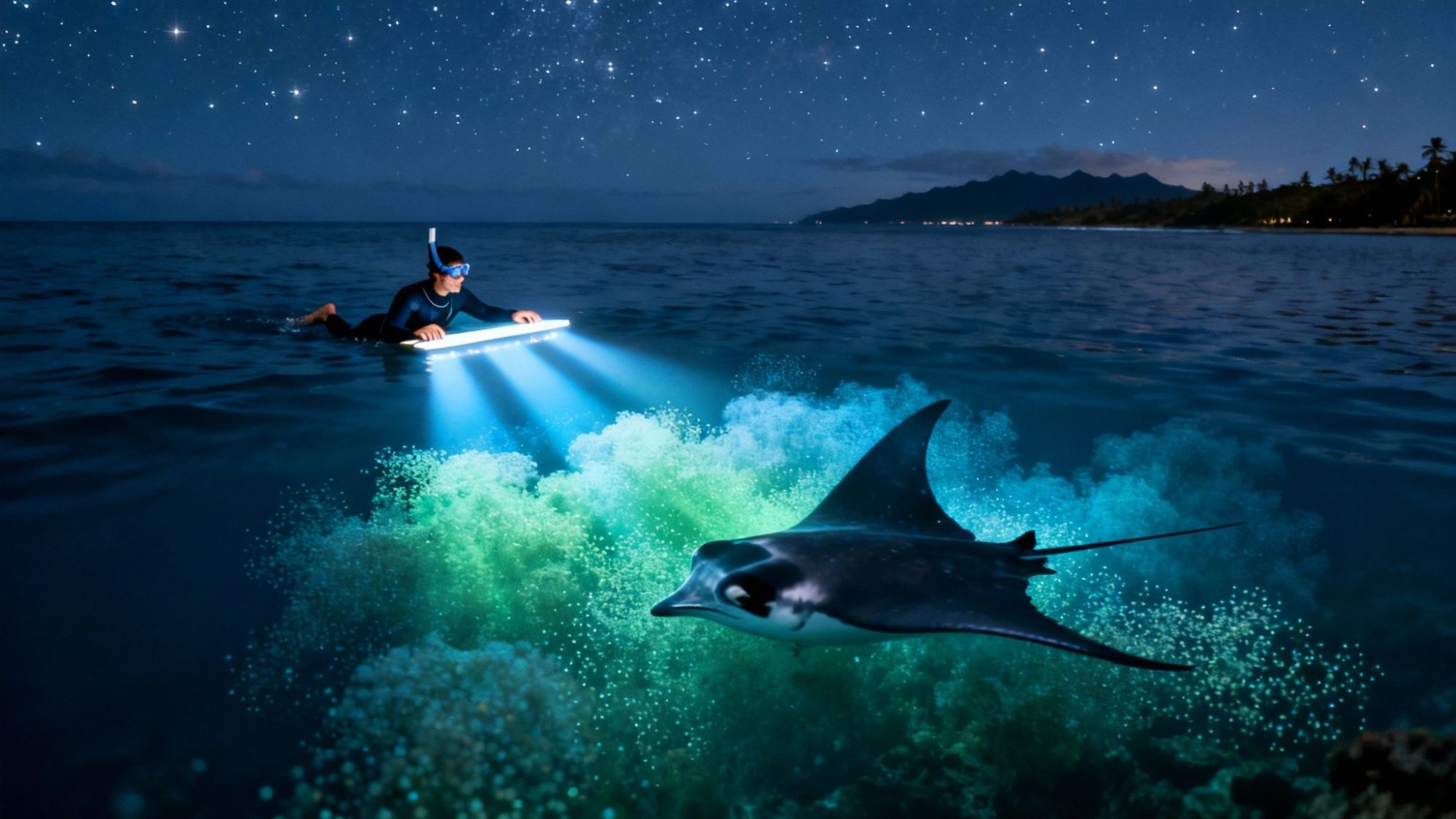 Diver with underwater light near bioluminescent water and manta ray at night.