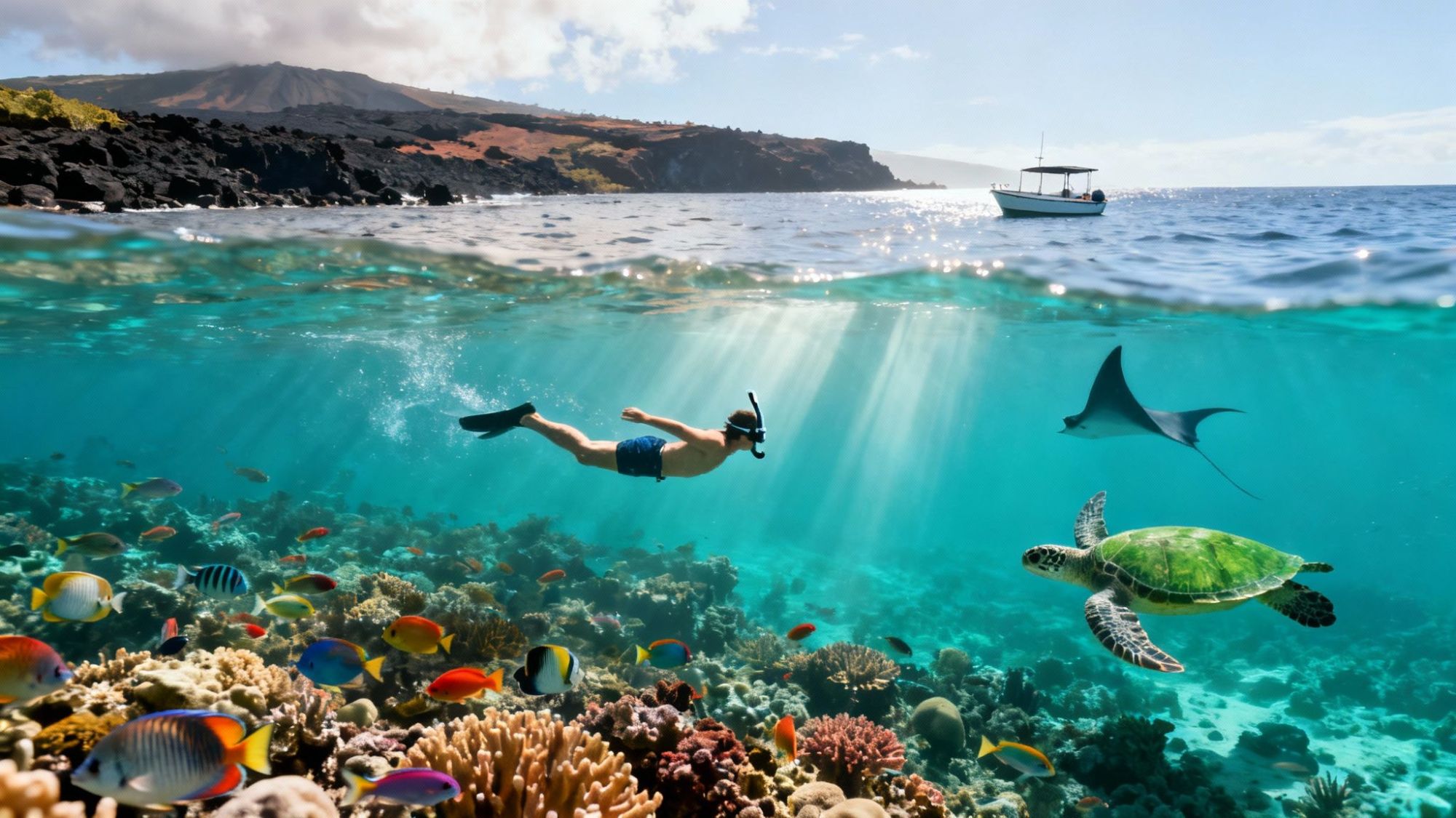 Person snorkeling above a coral reef with fish, a turtle, and a manta ray, near a boat in clear blue water.