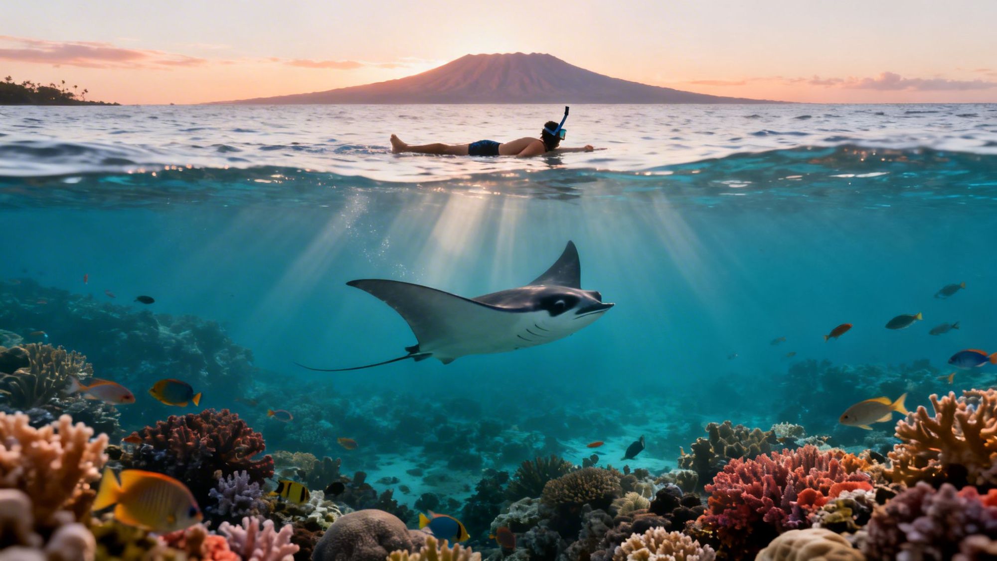 Snorkeler above vibrant coral reef with manta ray, beneath sunset near a distant mountain.