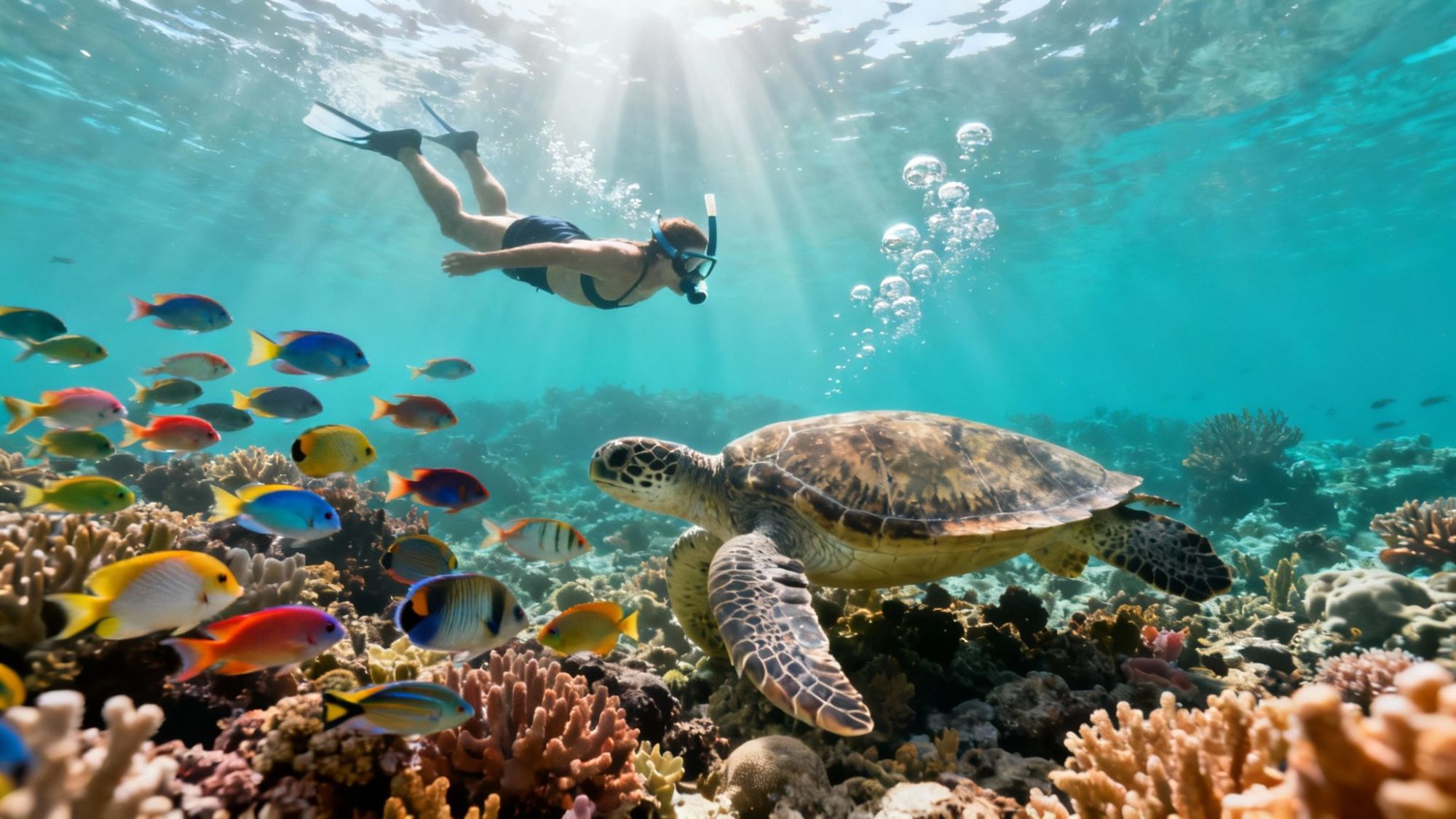 Snorkeler swims near colorful fish and turtle in clear ocean water with coral reefs.