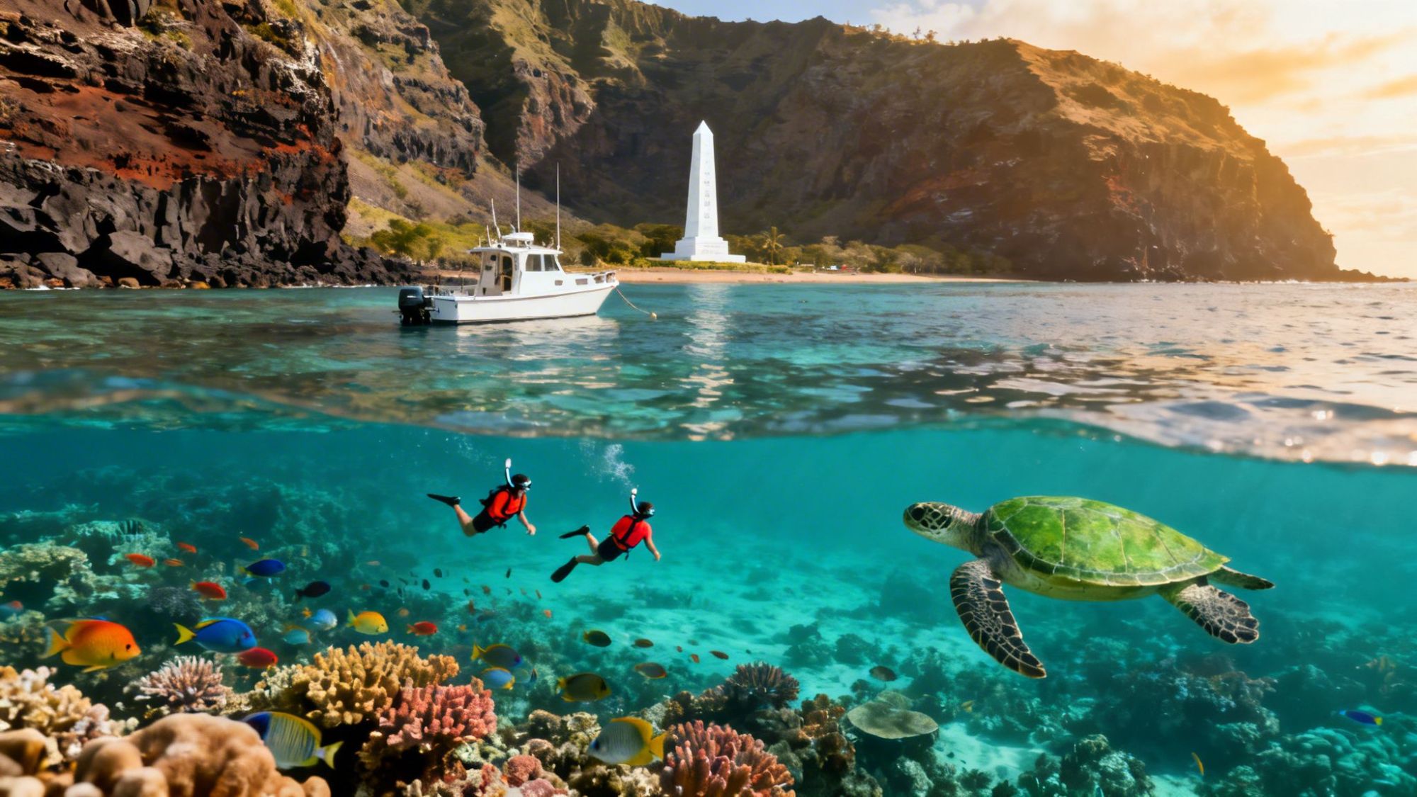 Underwater scene with divers, coral reef, sea turtle, boat and monument near cliffs at sunset.