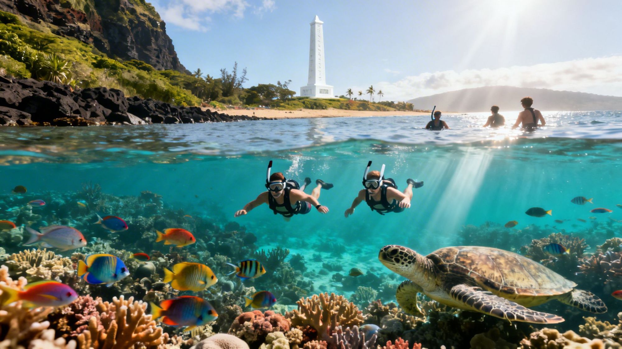 Snorkelers in ocean with colorful fish and sea turtle, island background with tower.