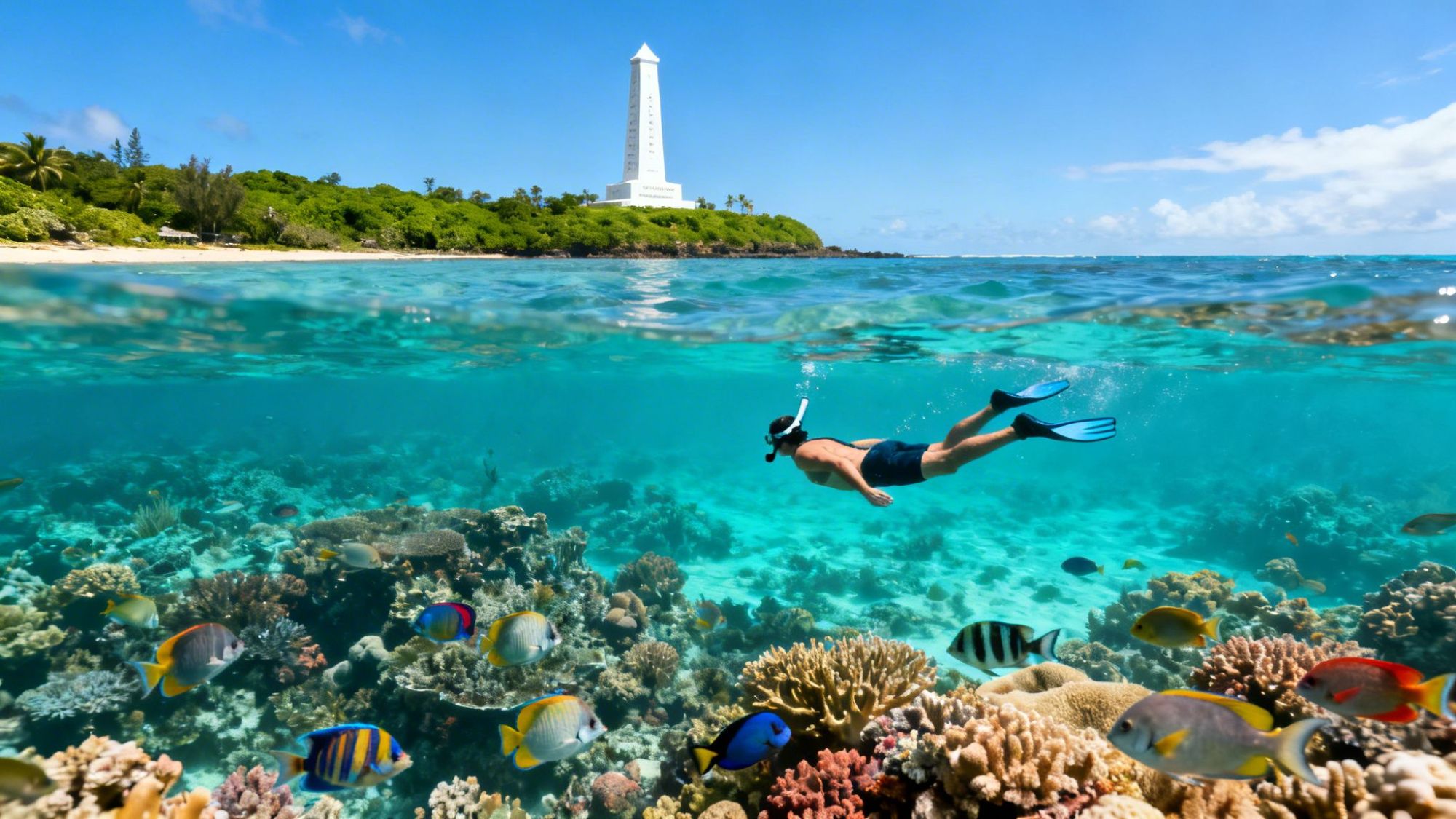 Person snorkeling over vibrant coral reef with fish, tower in the background, clear sky above.