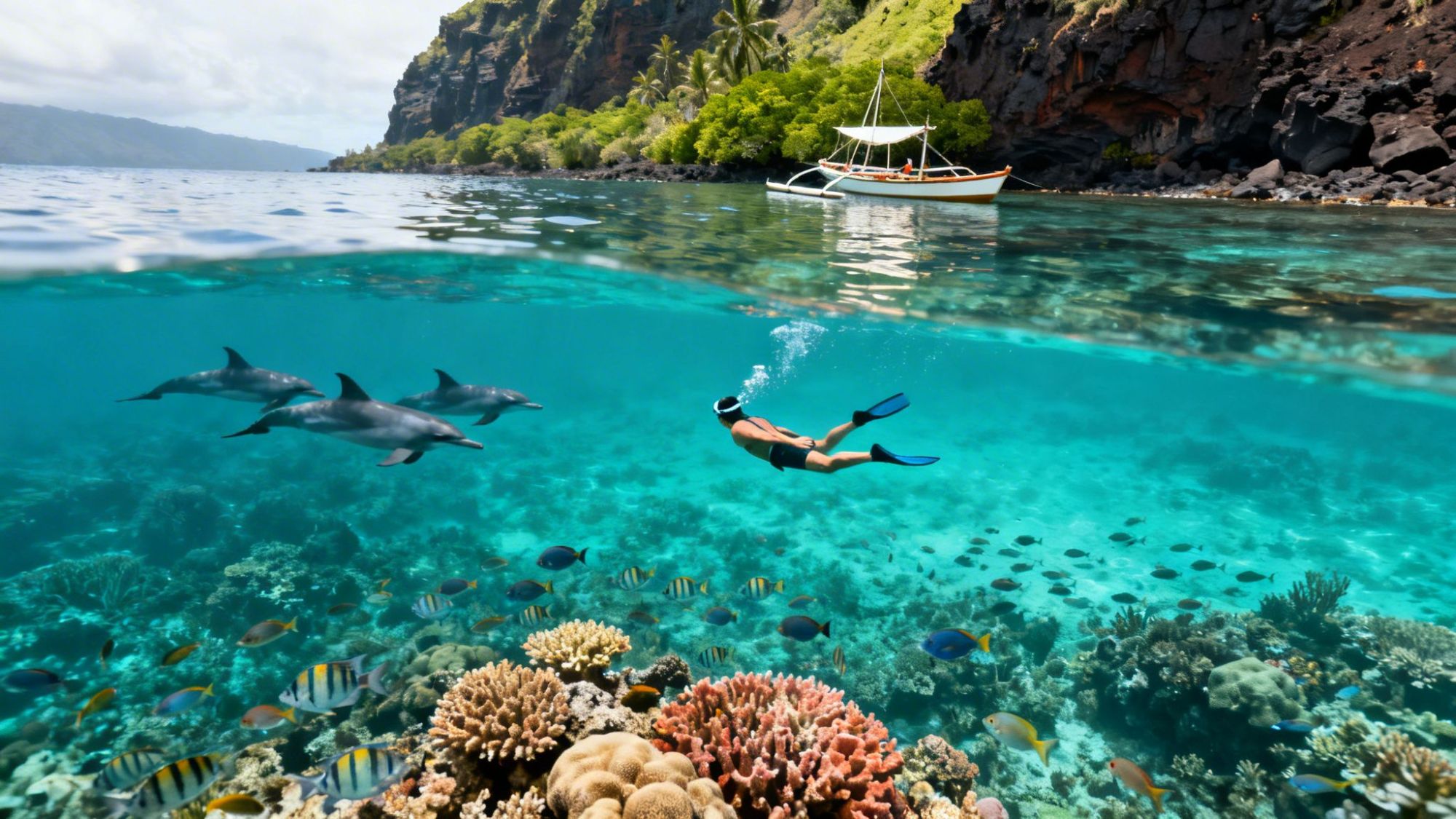 Snorkeler dives near dolphins and coral reef with a boat and cliffs in the background.