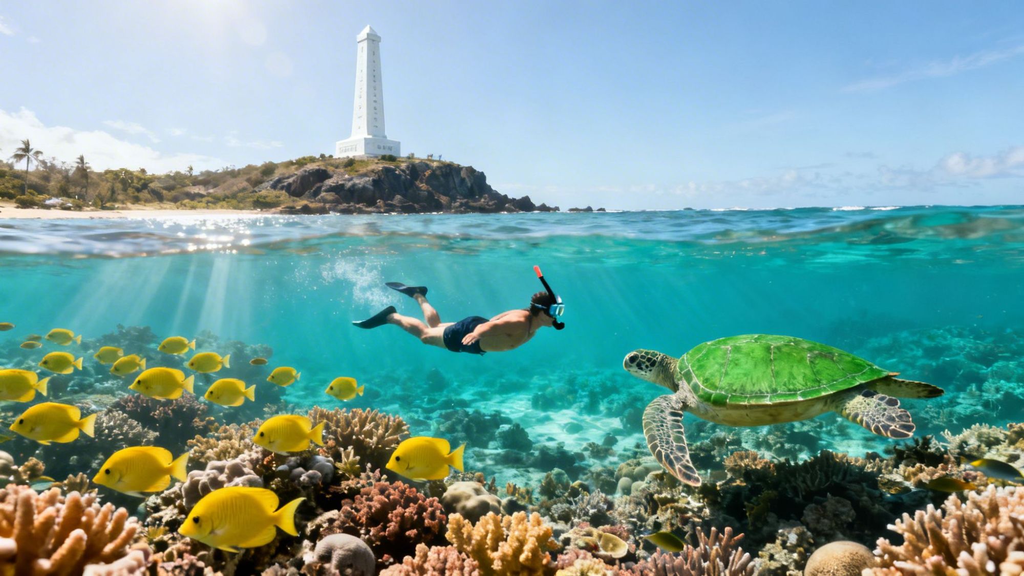 Person snorkeling near coral reef, sea turtle, and fish, with a lighthouse in the background on a sunny day.
