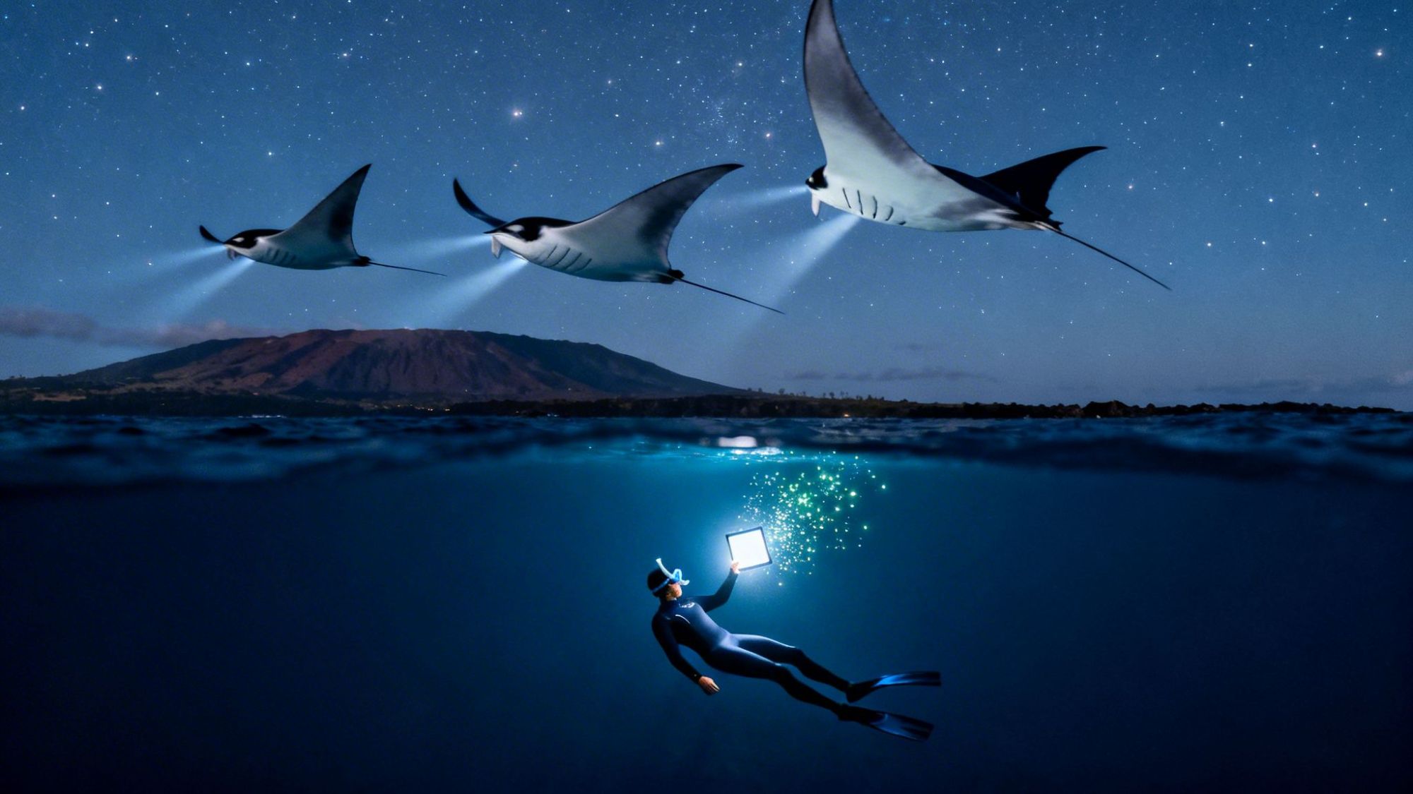 Diver holds light tablet underwater with three flying manta rays and starry sky above.