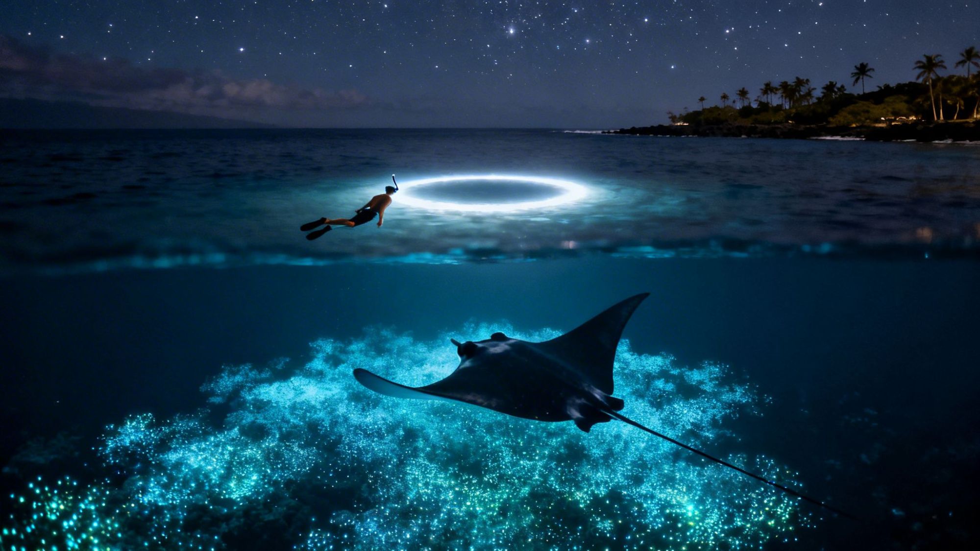 Night sky with stars; diver above, manta ray below, bioluminescent glow, ocean, and palm trees in background.