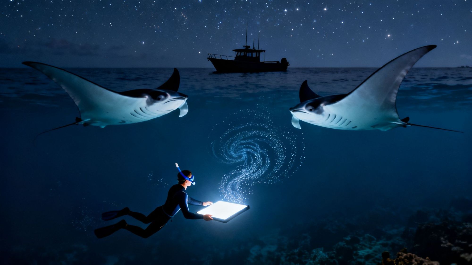 Diver with tablet swims alongside manta rays under starry sky, boat visible above.