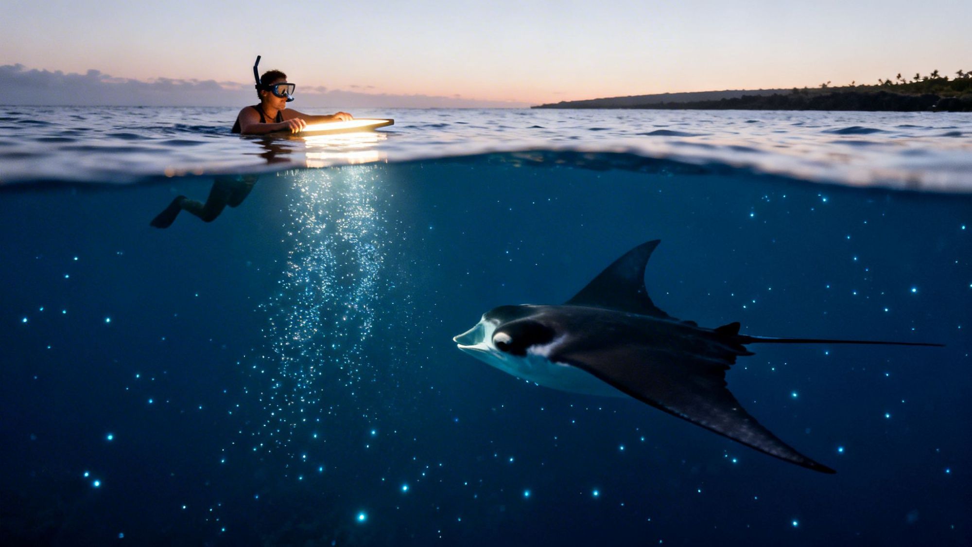 Snorkeler with light board above water and manta ray swimming below at dusk.