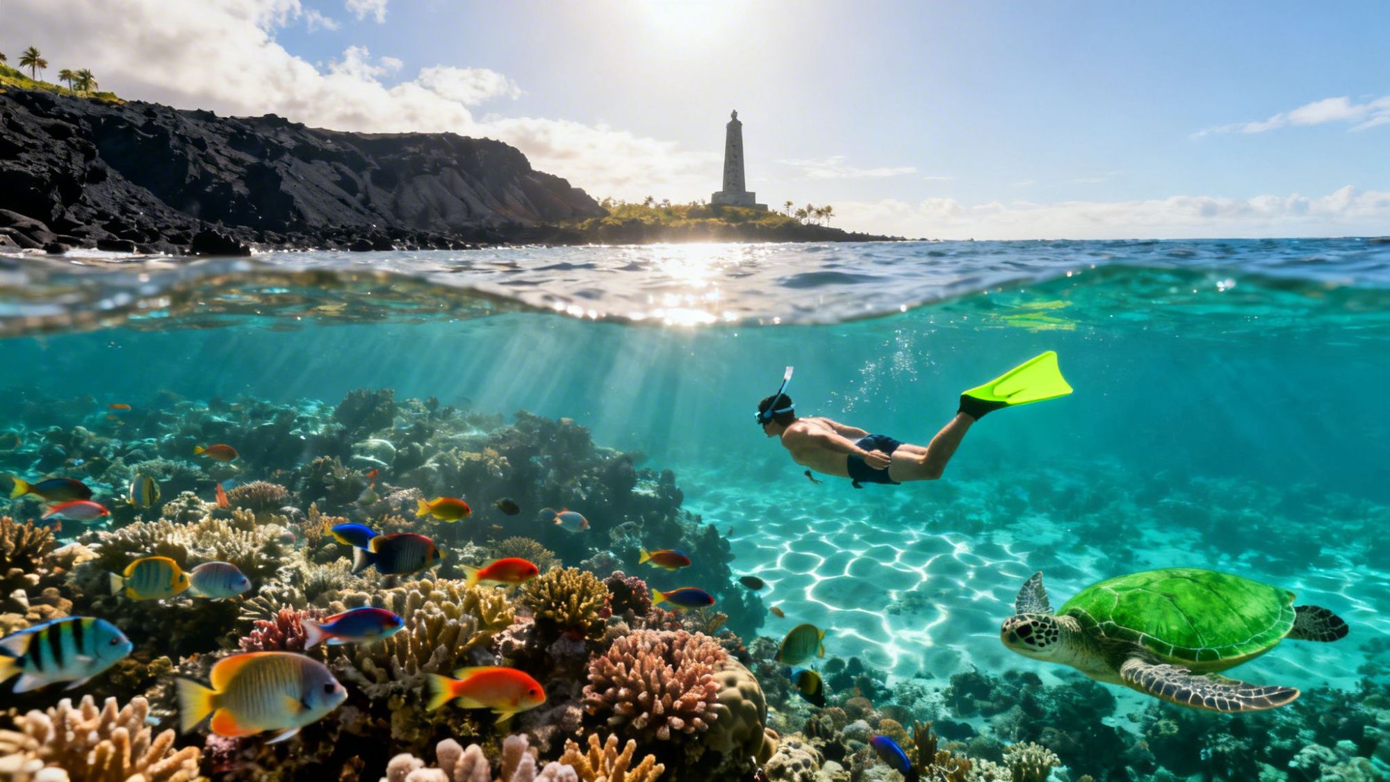 Snorkeler near coral reef with colorful fish and turtle, lighthouse in background above water.