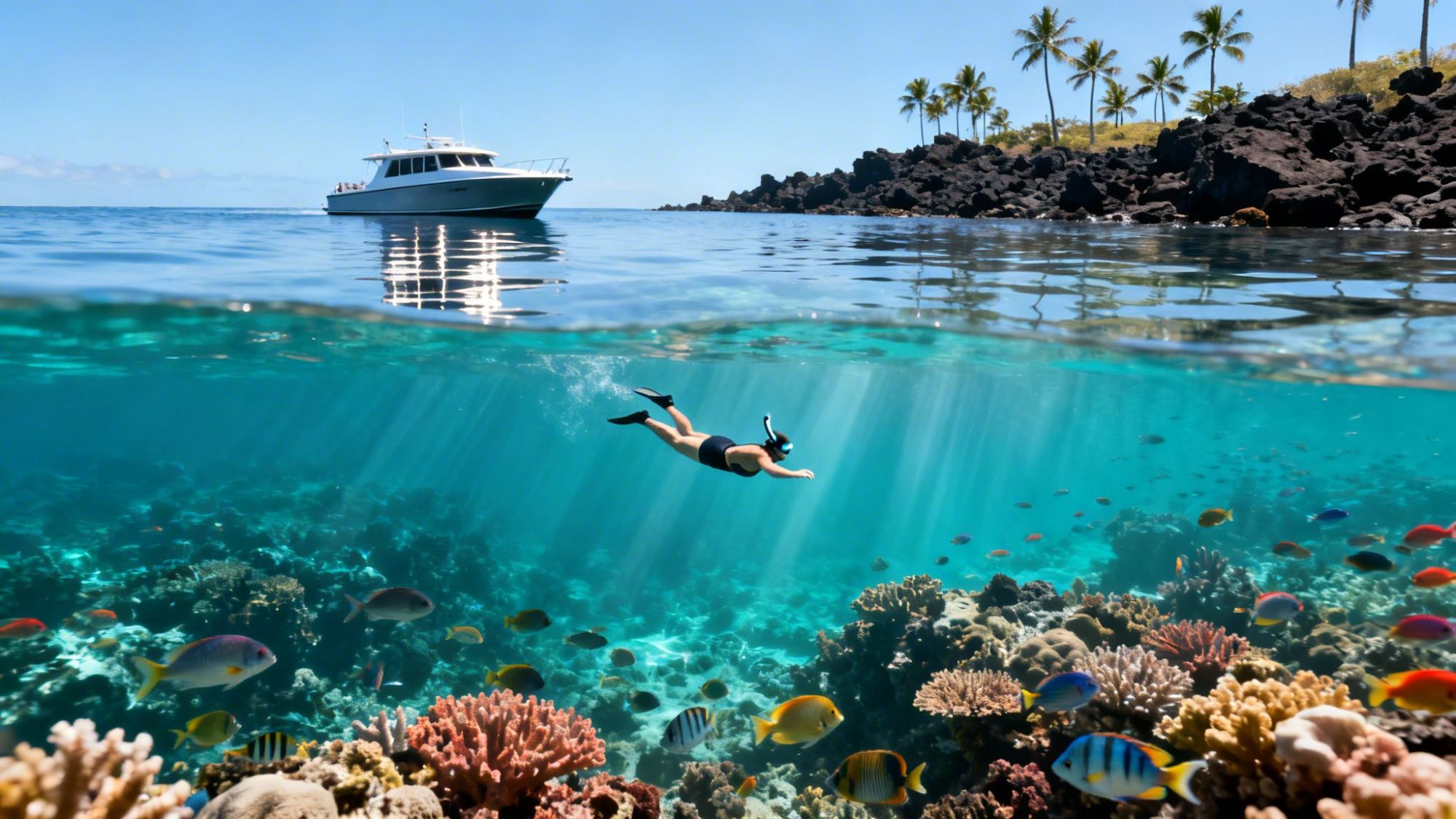 Snorkeler swimming above colorful coral reef; boat and palm trees in the background.