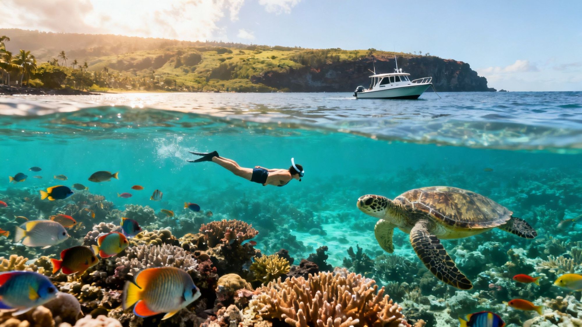 Person snorkeling above coral reef with fish and sea turtle; boat in background.