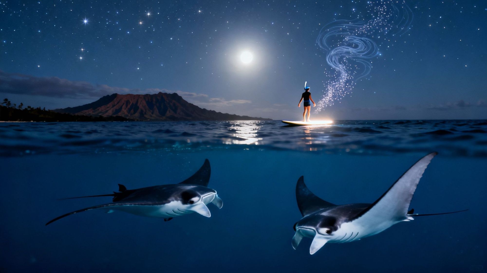 Person paddleboarding at night under a starry sky with glowing light, manta rays swimming below the water.