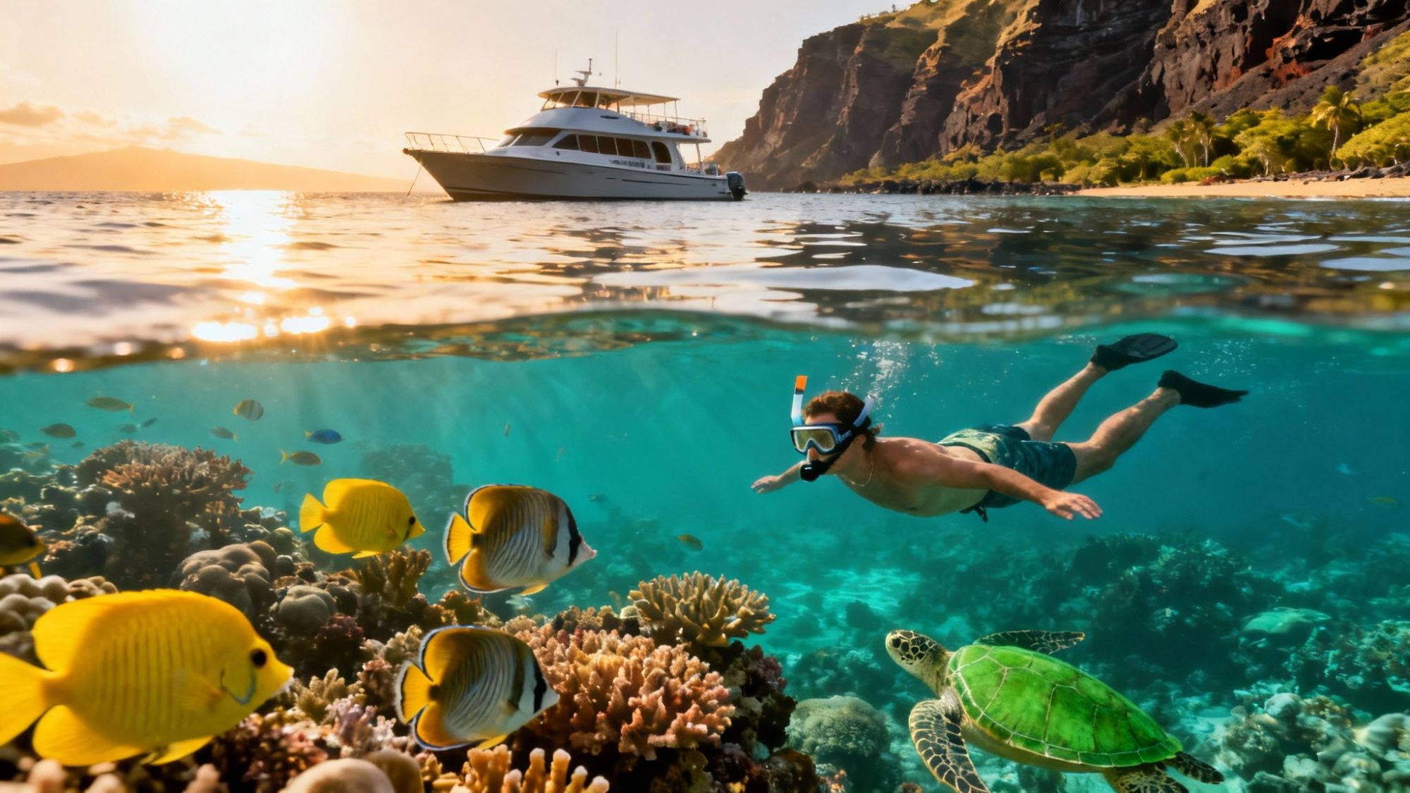 A snorkeler swims near colorful fish and a turtle in clear water with a boat and rocky shore in the background.
