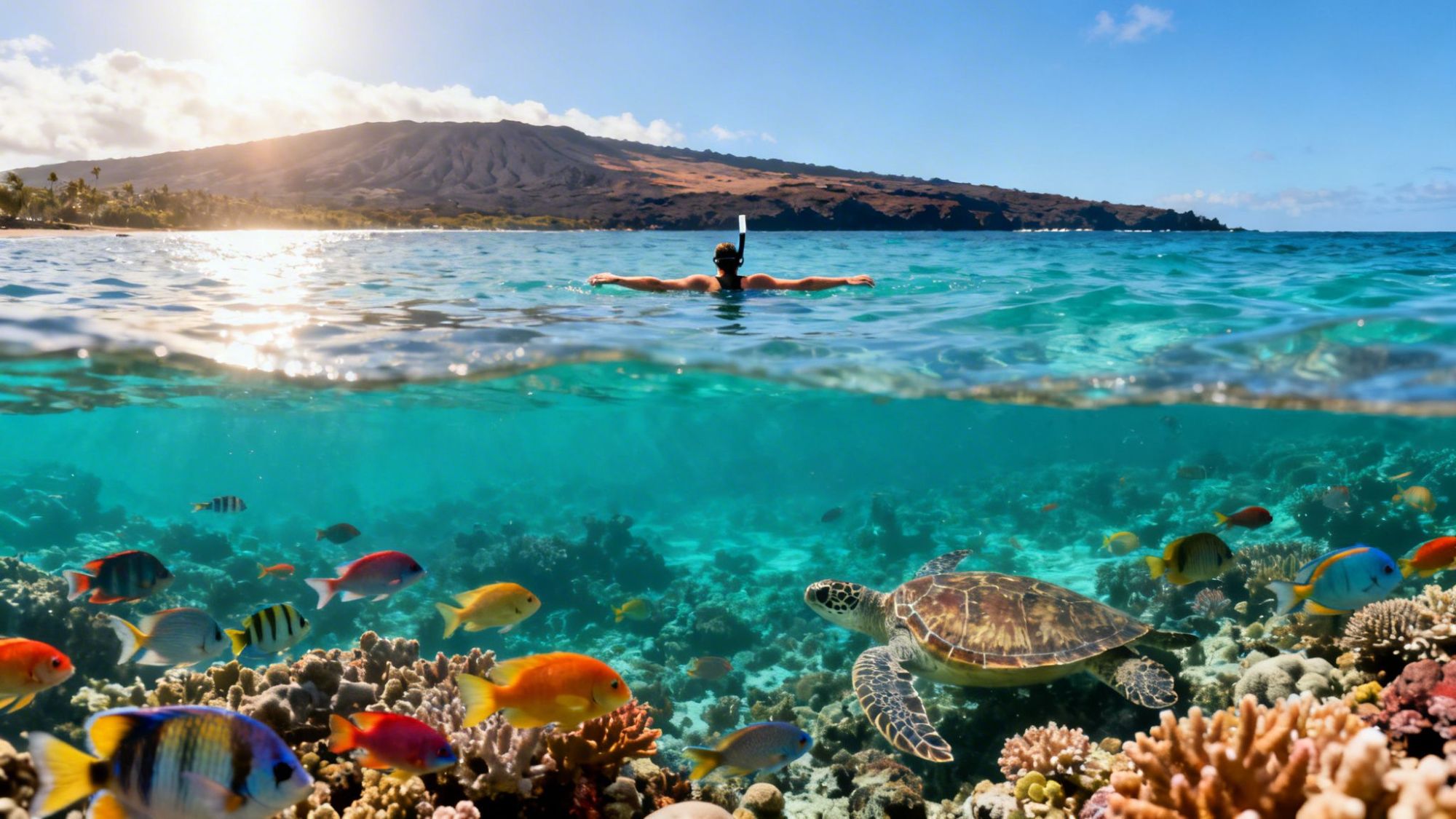 Snorkeler above vibrant coral reef with colorful fish and sea turtle, clear blue water, mountain in background.