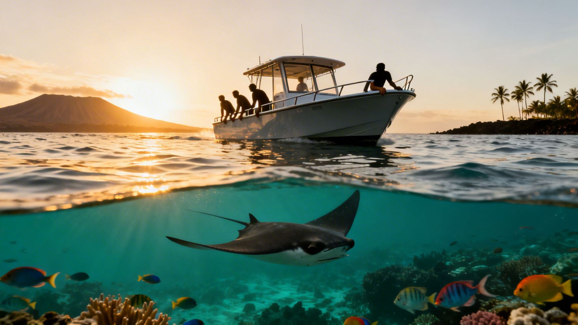 Boat on ocean at sunset with people aboard, manta ray and fish underwater, mountain in background.