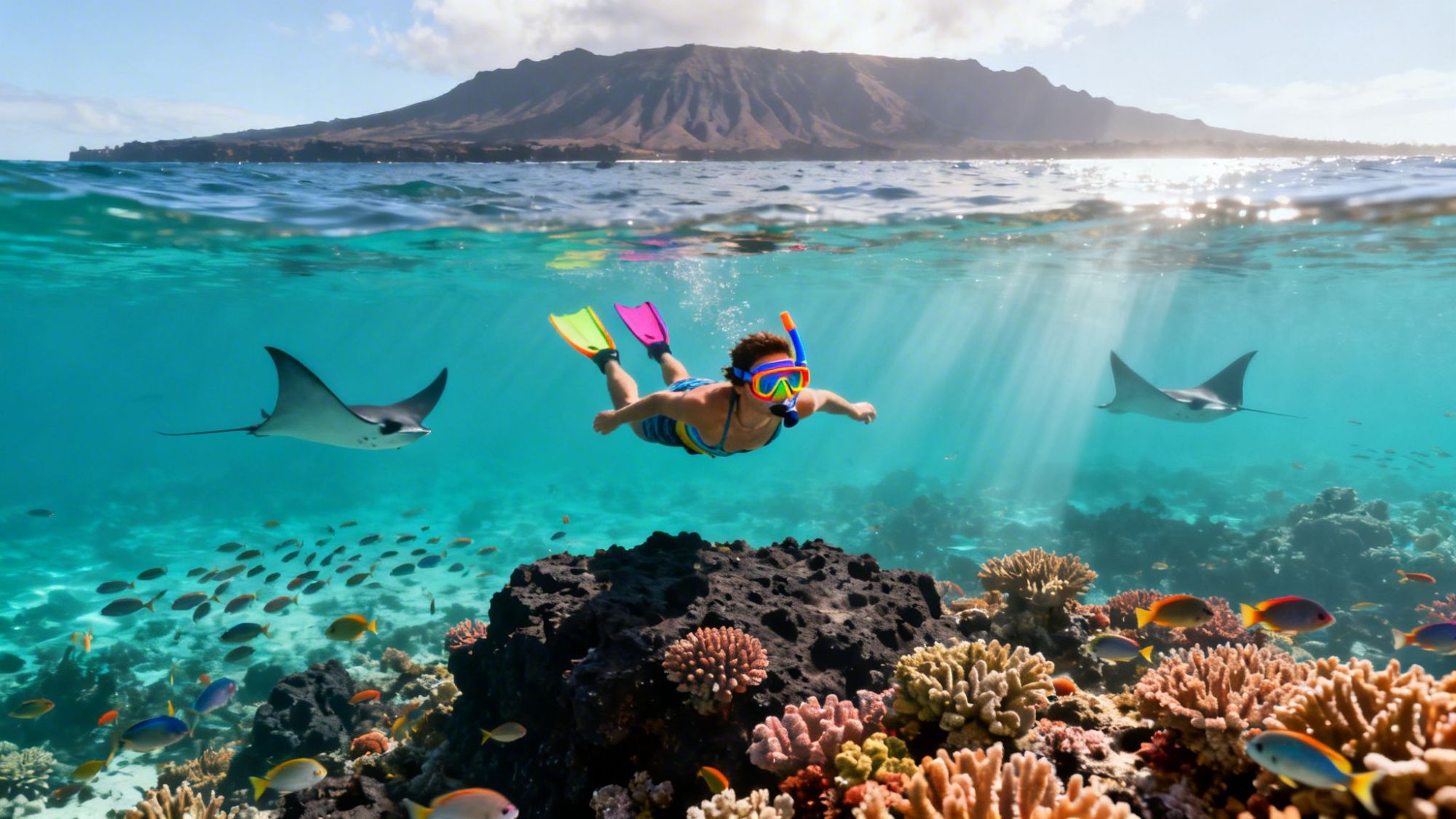 Person snorkeling with colorful fish and rays over coral reef, mountain in background.