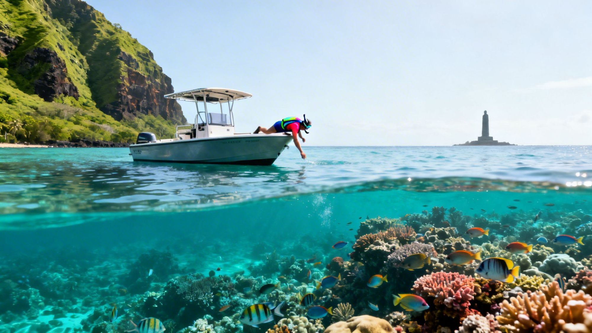 Person snorkeling near a boat over vibrant coral reef with fish, a lighthouse, and a green cliff in the background.