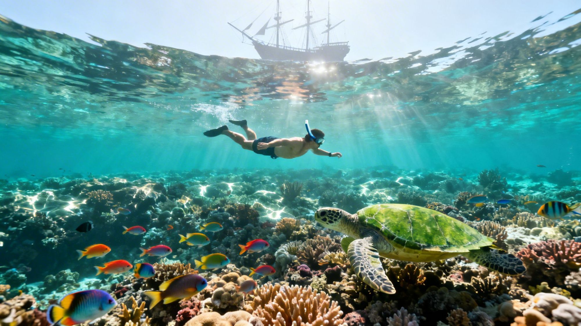 Underwater scene with snorkeler, colorful fish, sea turtle, and ship silhouette above.