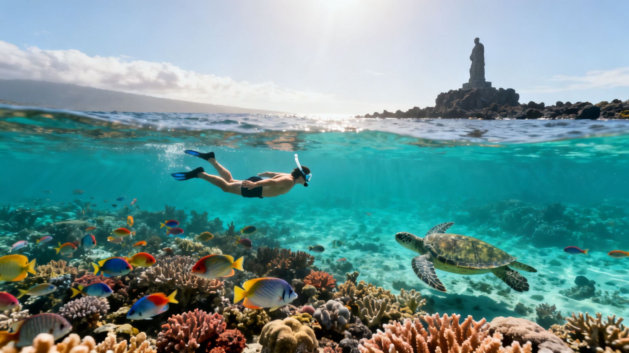 Snorkeler above vibrant coral reef with colorful fish and turtle near statue on rocky shore.