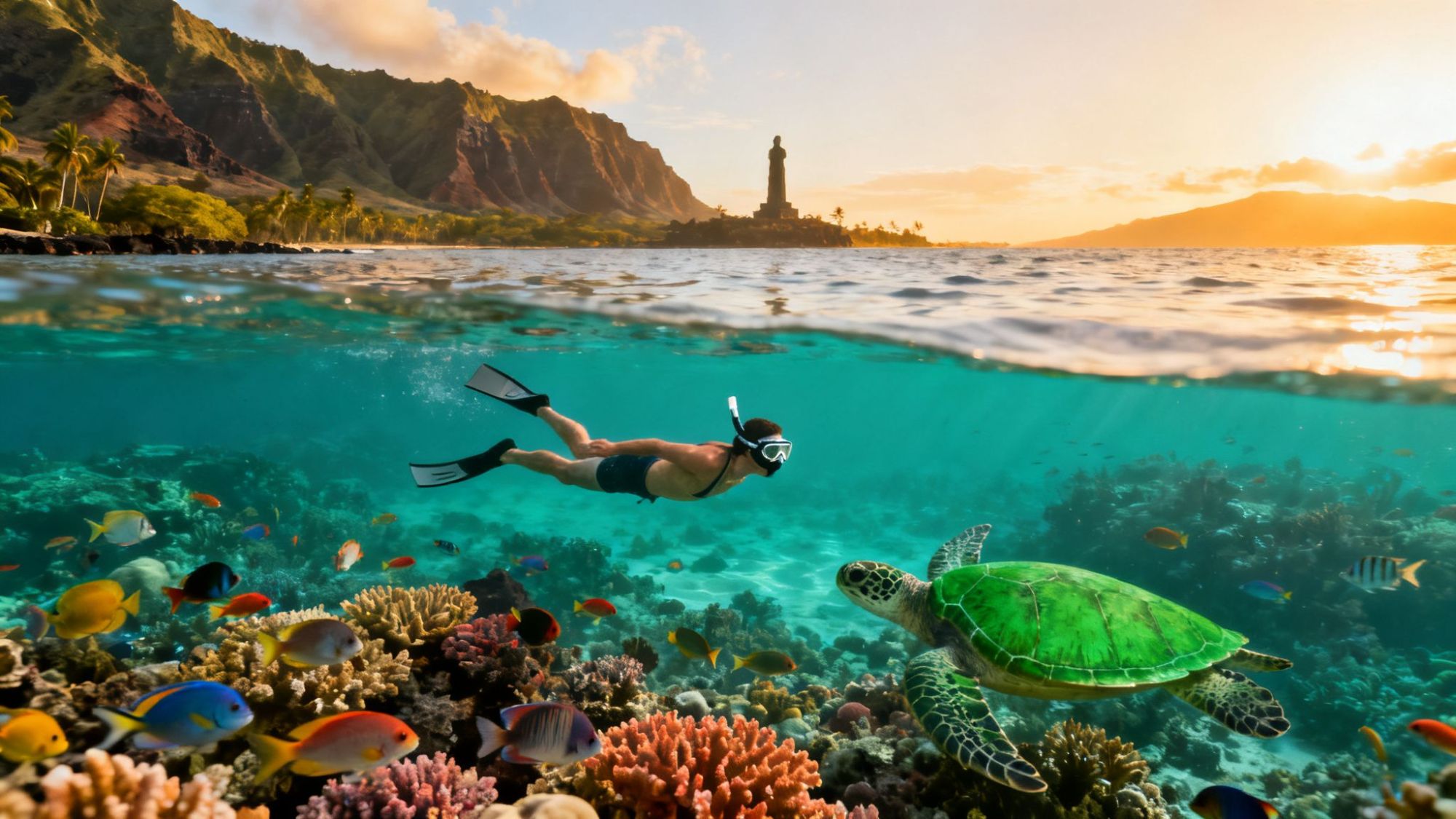 Diver snorkeling near a sea turtle above coral reef with mountains and sunset in the background.