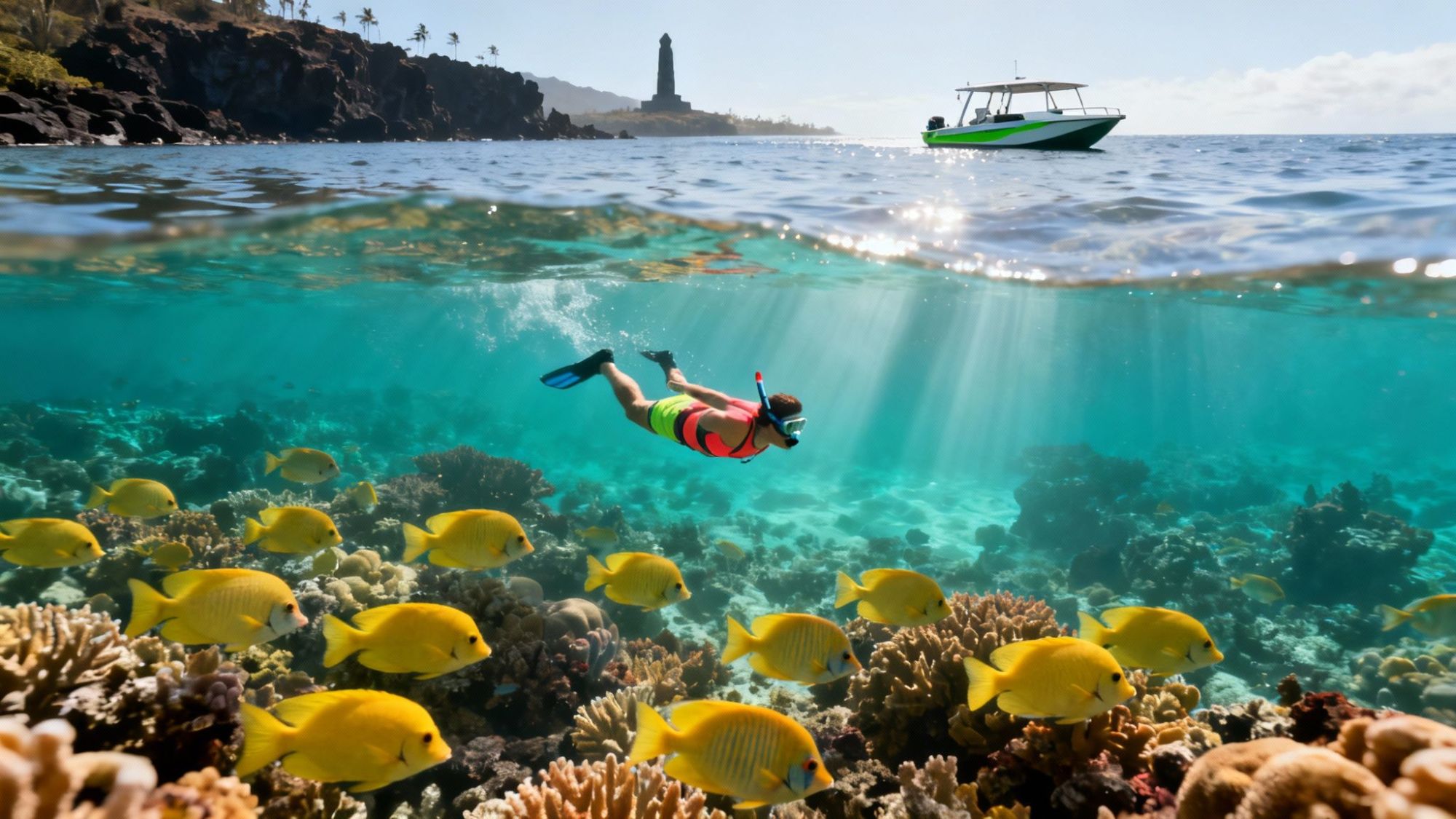 A snorkeler swims above coral with yellow fish, a boat floats on the surface, a lighthouse on the distant coastline.