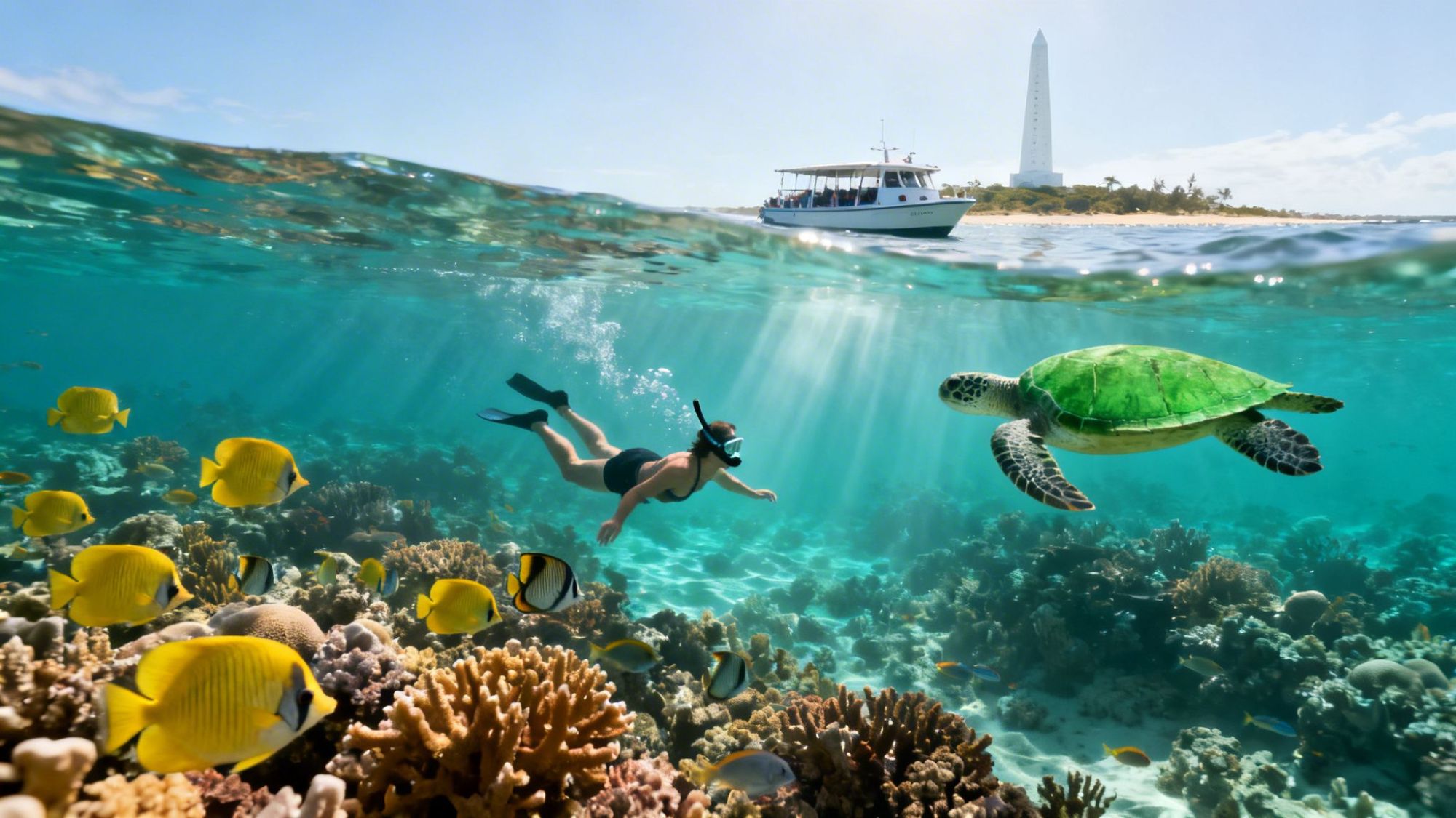 Snorkeler and turtle underwater with colorful fish and coral, boat and monument above sea surface.
