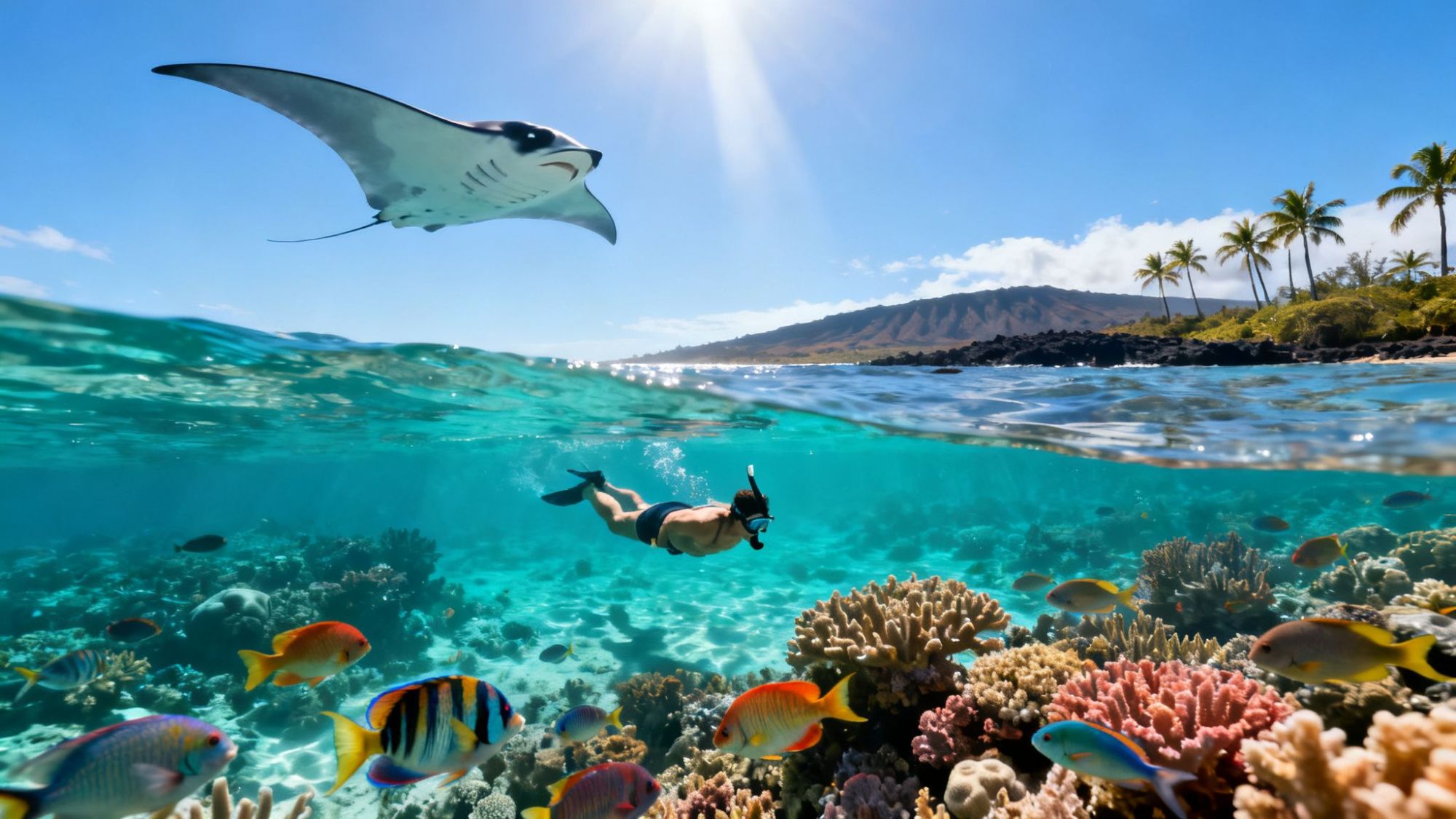 Snorkeler in clear water with coral reef and tropical fish, manta ray above, tropical island in background.