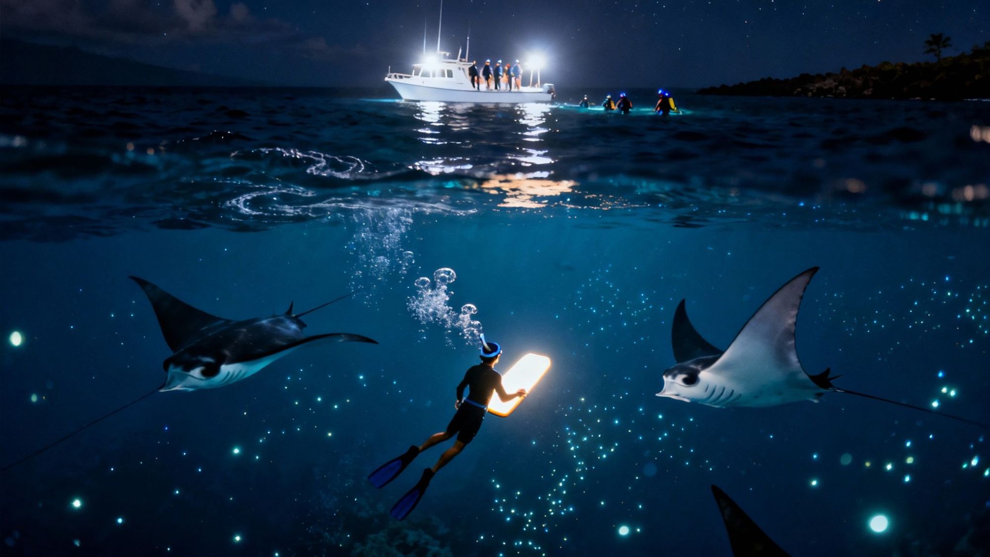 Nighttime underwater split view of diver with manta rays and boat above.