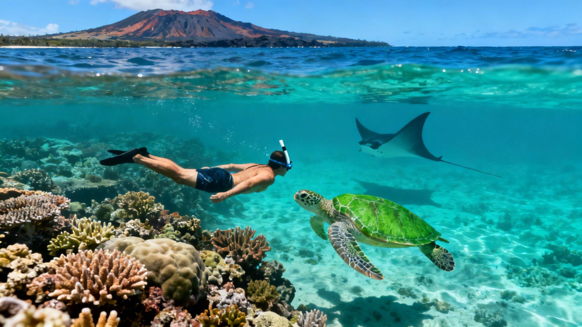 Snorkeler, sea turtle, manta ray in clear water near coral reef with island in background.