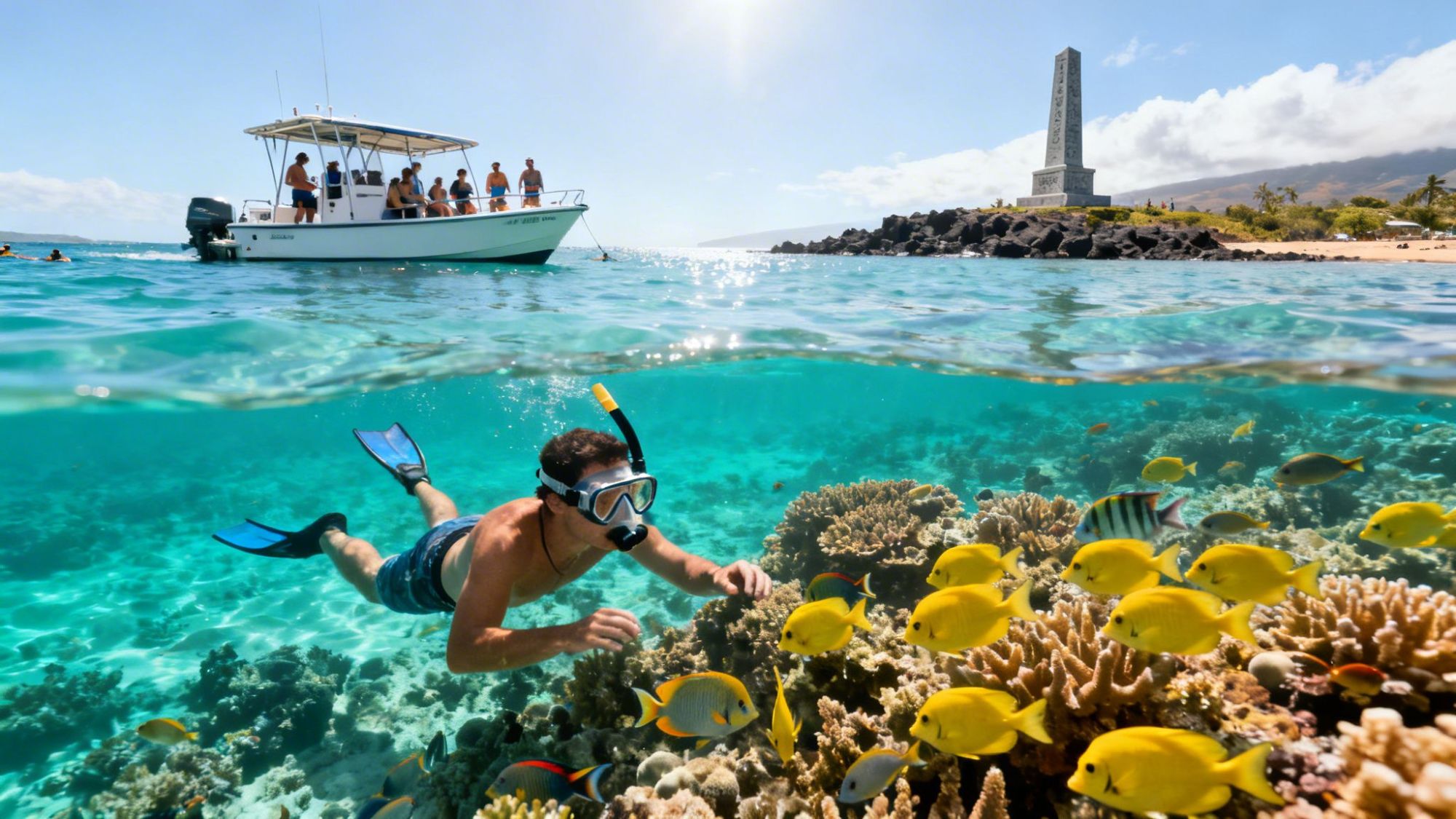Snorkeler swims near coral reef with fish, boat and monument visible above water.