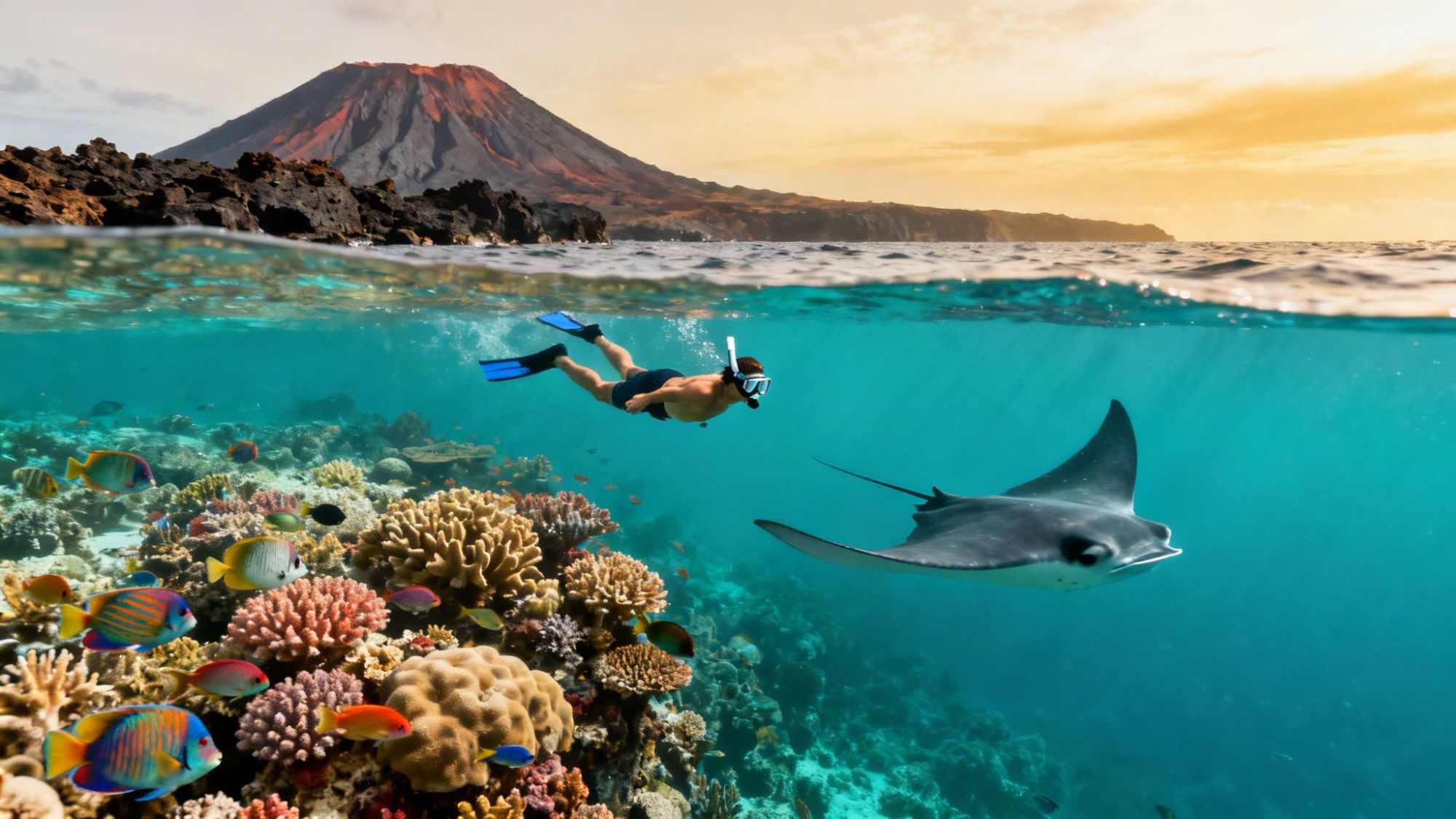 Snorkeler and manta ray swimming over colorful coral with a volcano in the background.