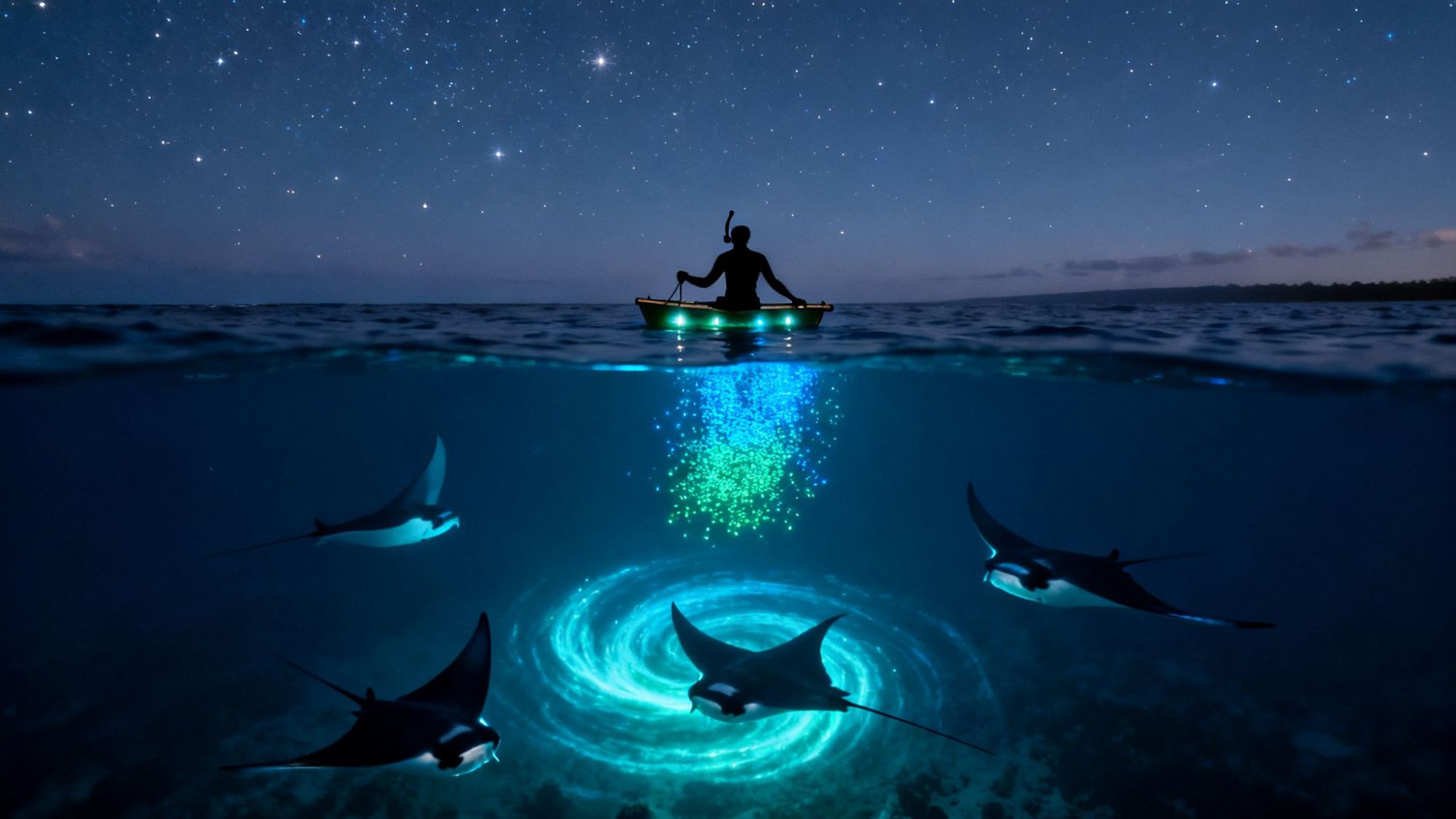 Night kayaker above ocean with glowing underwater manta rays and sky full of stars.