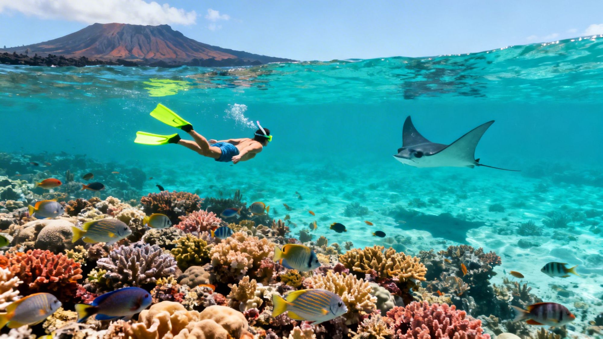 Snorkeler and manta ray above coral reef with distant volcanic island
