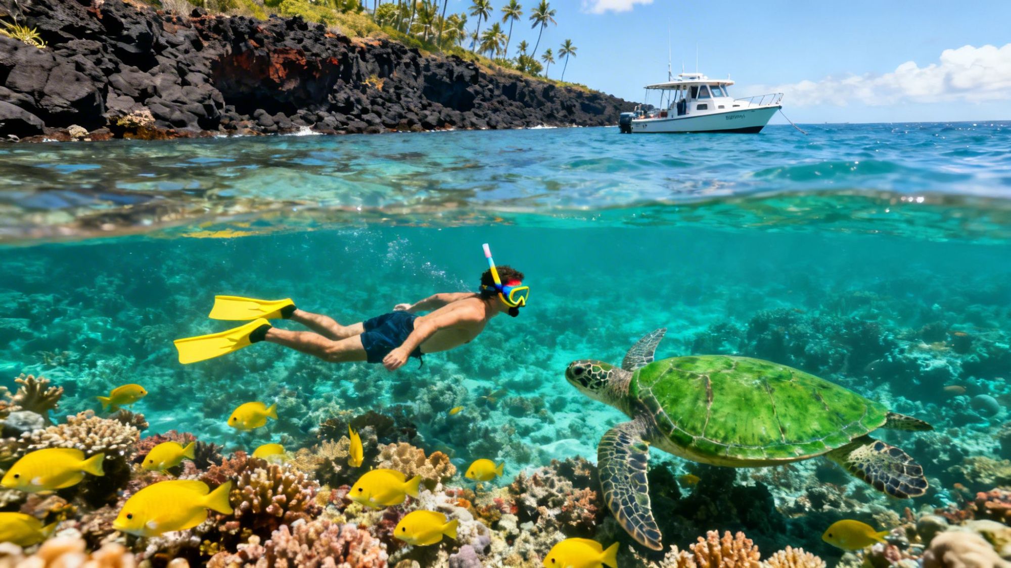 Person snorkeling near a sea turtle and yellow fish beneath a boat on clear blue water.
