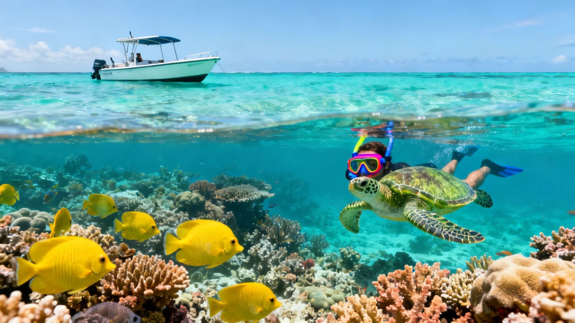 Snorkeler with turtle in clear water, coral reef and boat above.