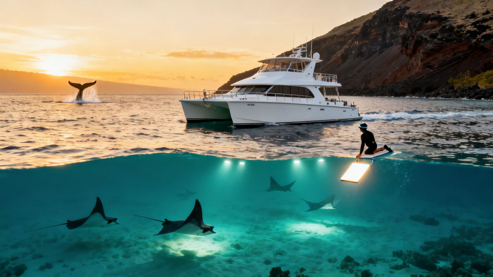 Boat at sunset with a diver and mantas underwater; whale tail in background.