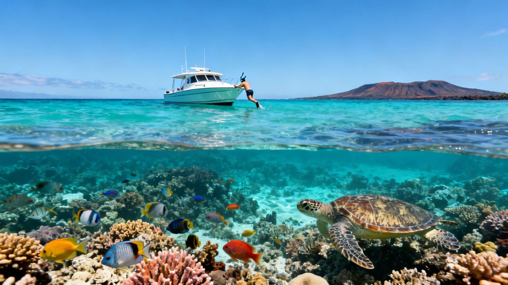 Split view of ocean: turtle and fish underwater, person on boat above, distant island and clear sky.