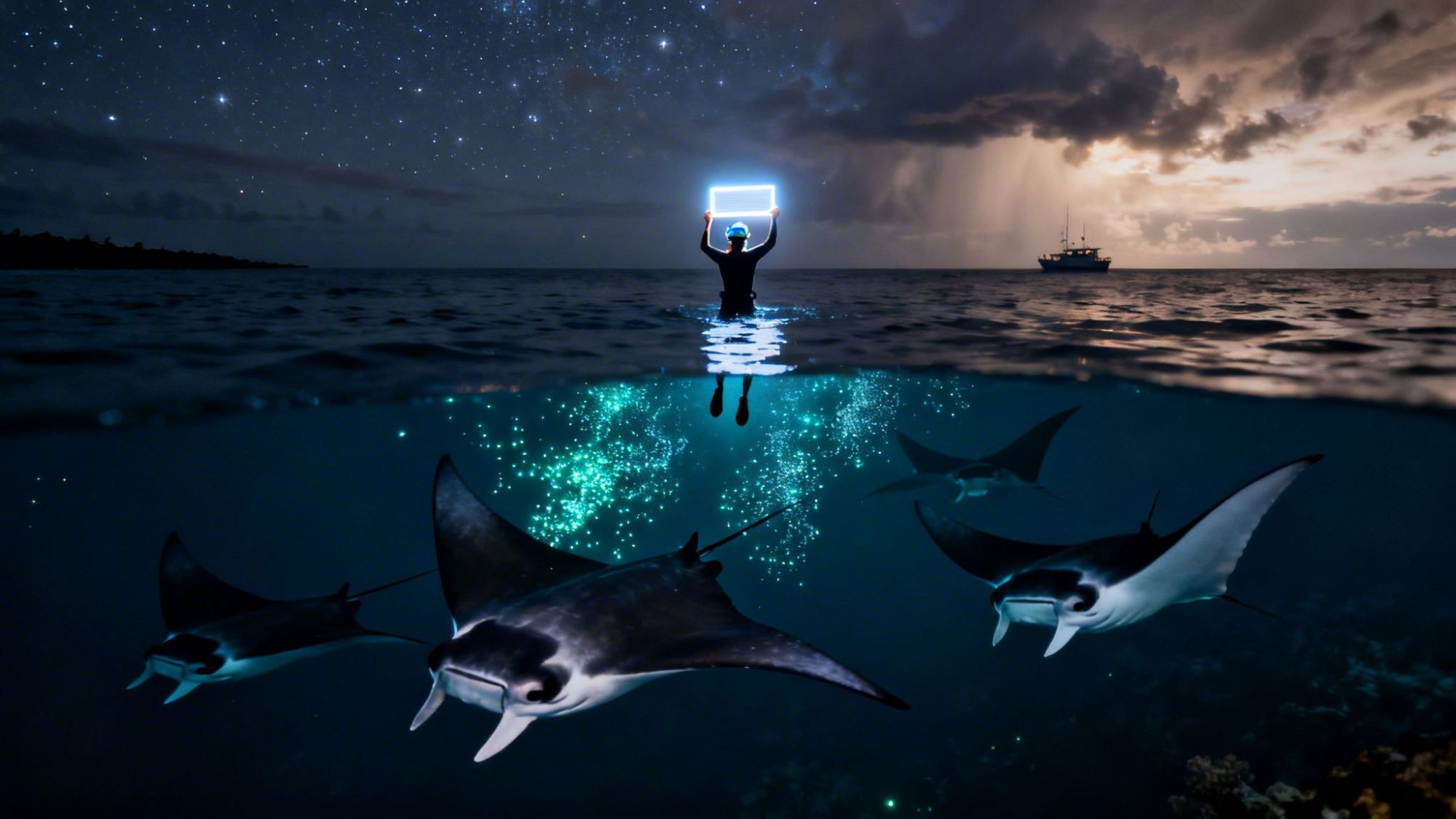 Person holding light above water, manta rays swimming below, night sky with stars and distant boat visible.
