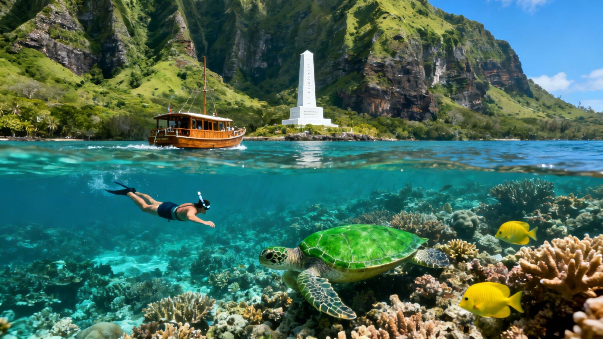 Snorkeler and turtle underwater, boat and monument above, with a lush mountain in the background.