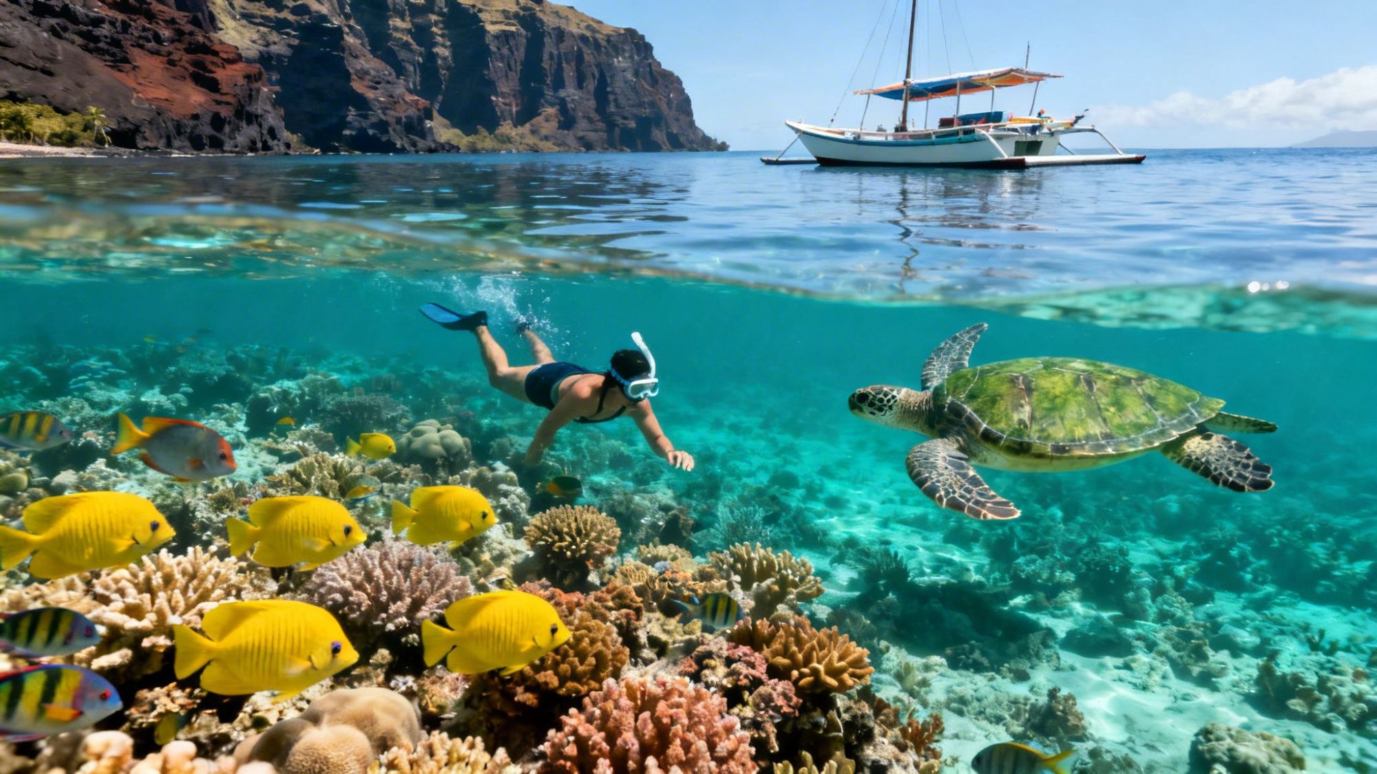 Snorkeler swims near colorful fish and sea turtle above coral reef, with boat and cliffs in background.
