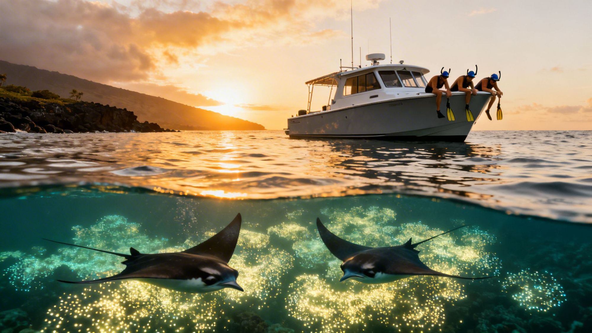 Snorkelers on a boat at sunset above water, with manta rays and coral visible below the surface.